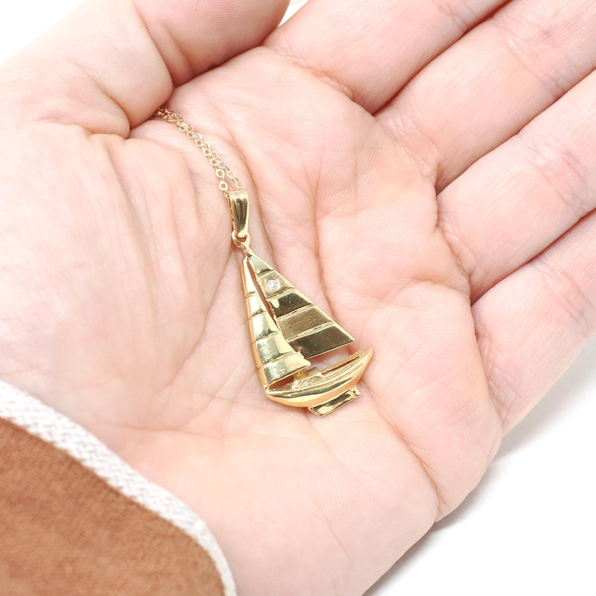 Diamond Sailboat Pendant - Estate 14k Yellow Gold Natural Gemstone Necklace Charm - Modern 2000's Era Sailing Boating Nautical Fine Jewelry