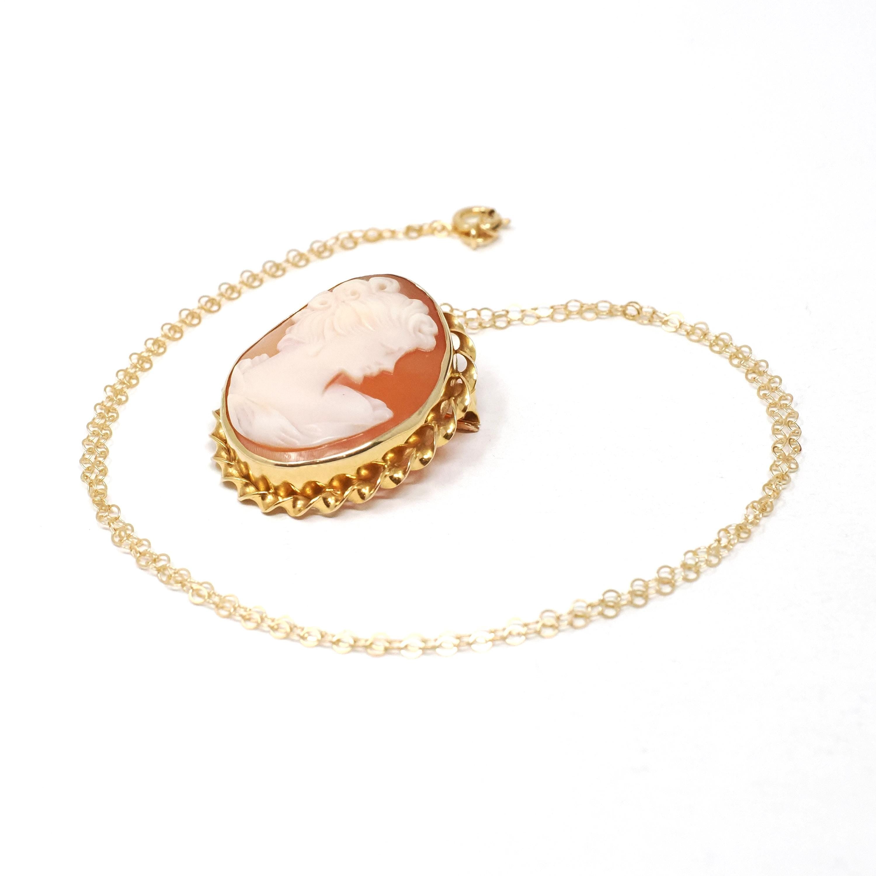 Vintage Cameo Necklace - Mid Century 14k Yellow Gold Carved Shell Woman's Profile Pendant Charm - Circa 1960s Era Statement Fine 60s Jewelry