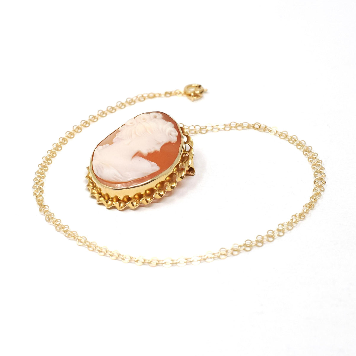 Vintage Cameo Necklace - Mid Century 14k Yellow Gold Carved Shell Woman's Profile Pendant Charm - Circa 1960s Era Statement Fine 60s Jewelry