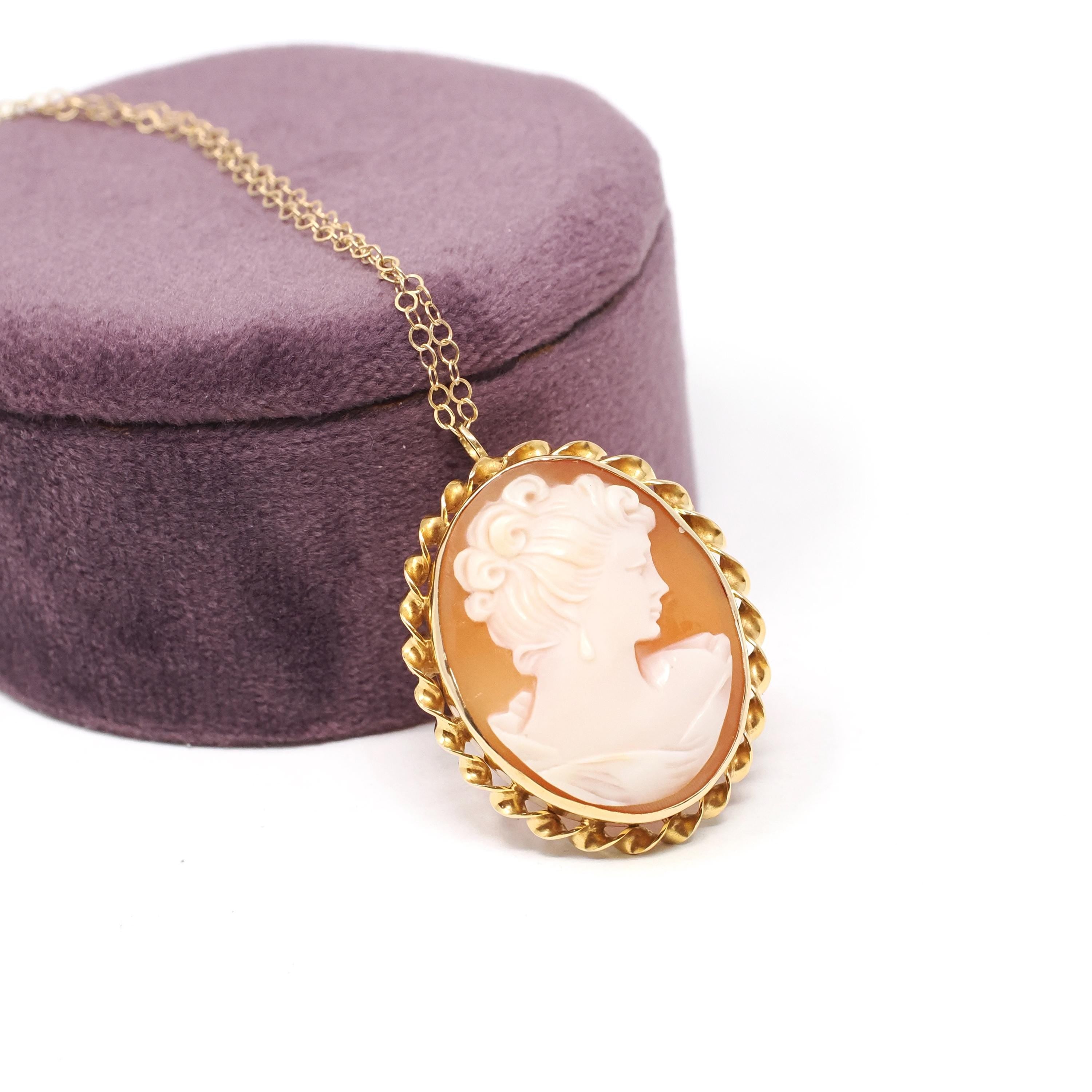 Vintage Cameo Necklace - Mid Century 14k Yellow Gold Carved Shell Woman's Profile Pendant Charm - Circa 1960s Era Statement Fine 60s Jewelry