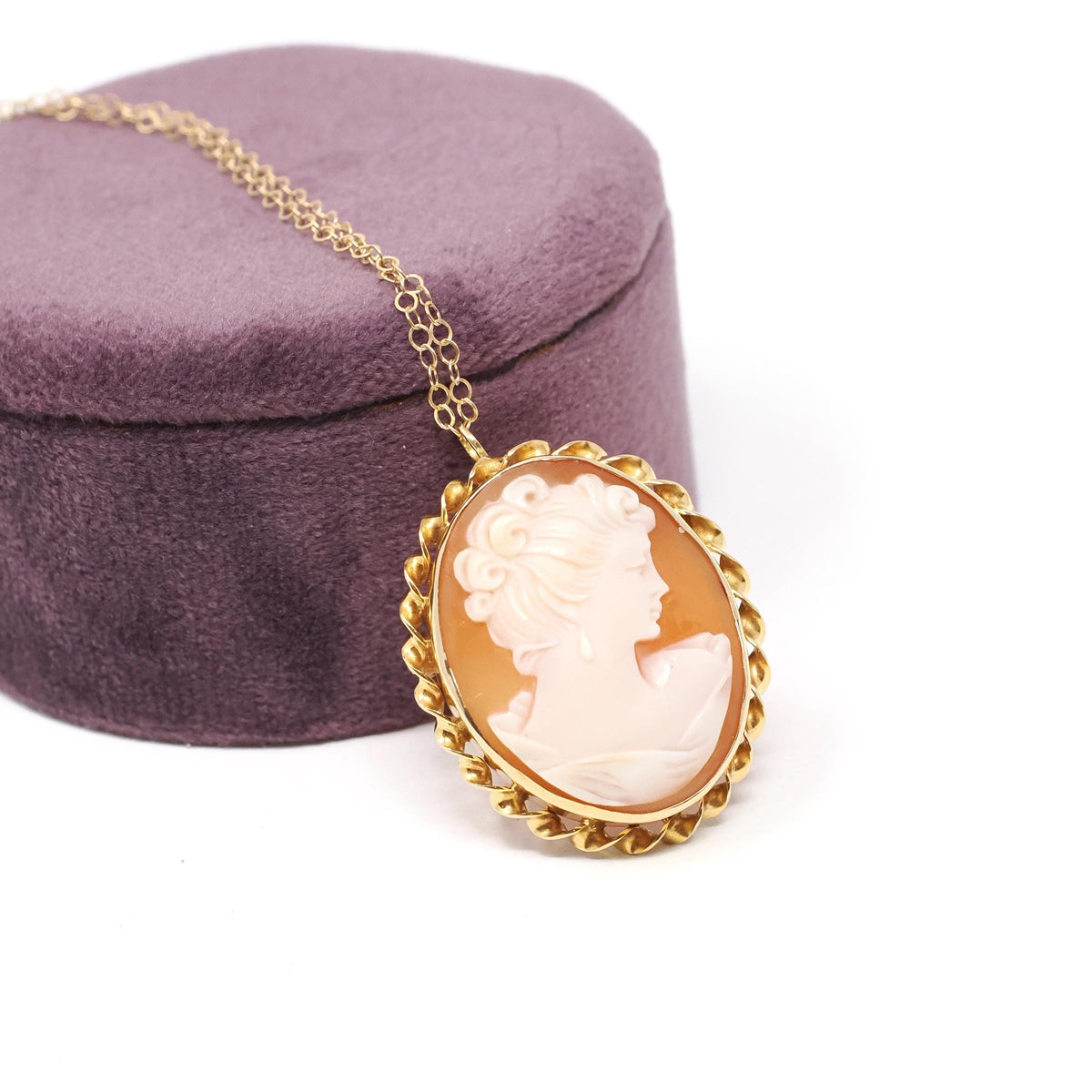 Vintage Cameo Necklace - Mid Century 14k Yellow Gold Carved Shell Woman's Profile Pendant Charm - Circa 1960s Era Statement Fine 60s Jewelry