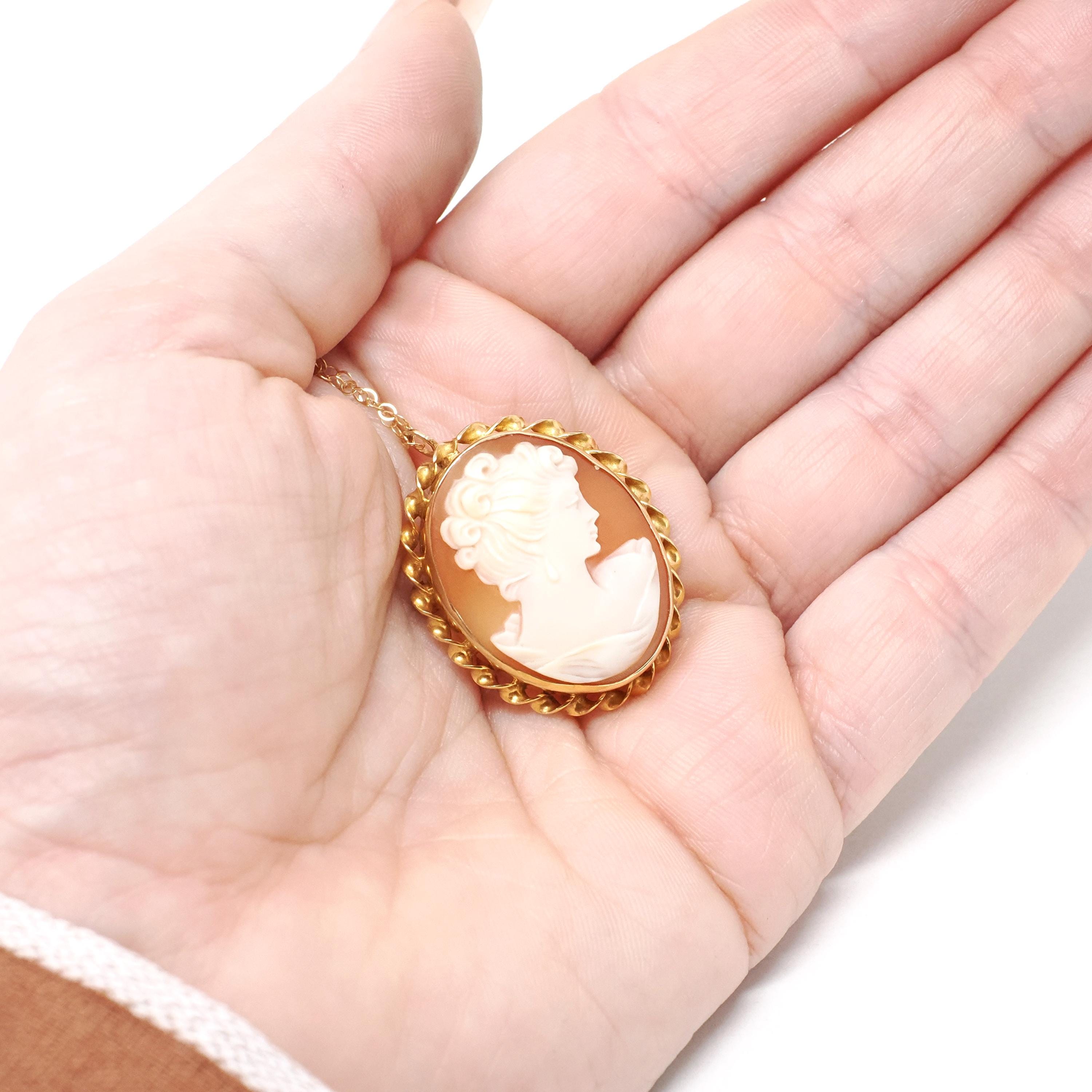 Vintage Cameo Necklace - Mid Century 14k Yellow Gold Carved Shell Woman's Profile Pendant Charm - Circa 1960s Era Statement Fine 60s Jewelry