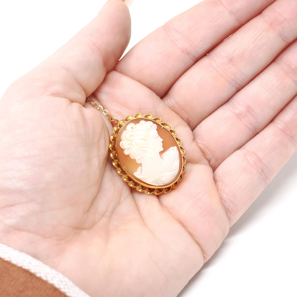 Vintage Cameo Necklace - Mid Century 14k Yellow Gold Carved Shell Woman's Profile Pendant Charm - Circa 1960s Era Statement Fine 60s Jewelry