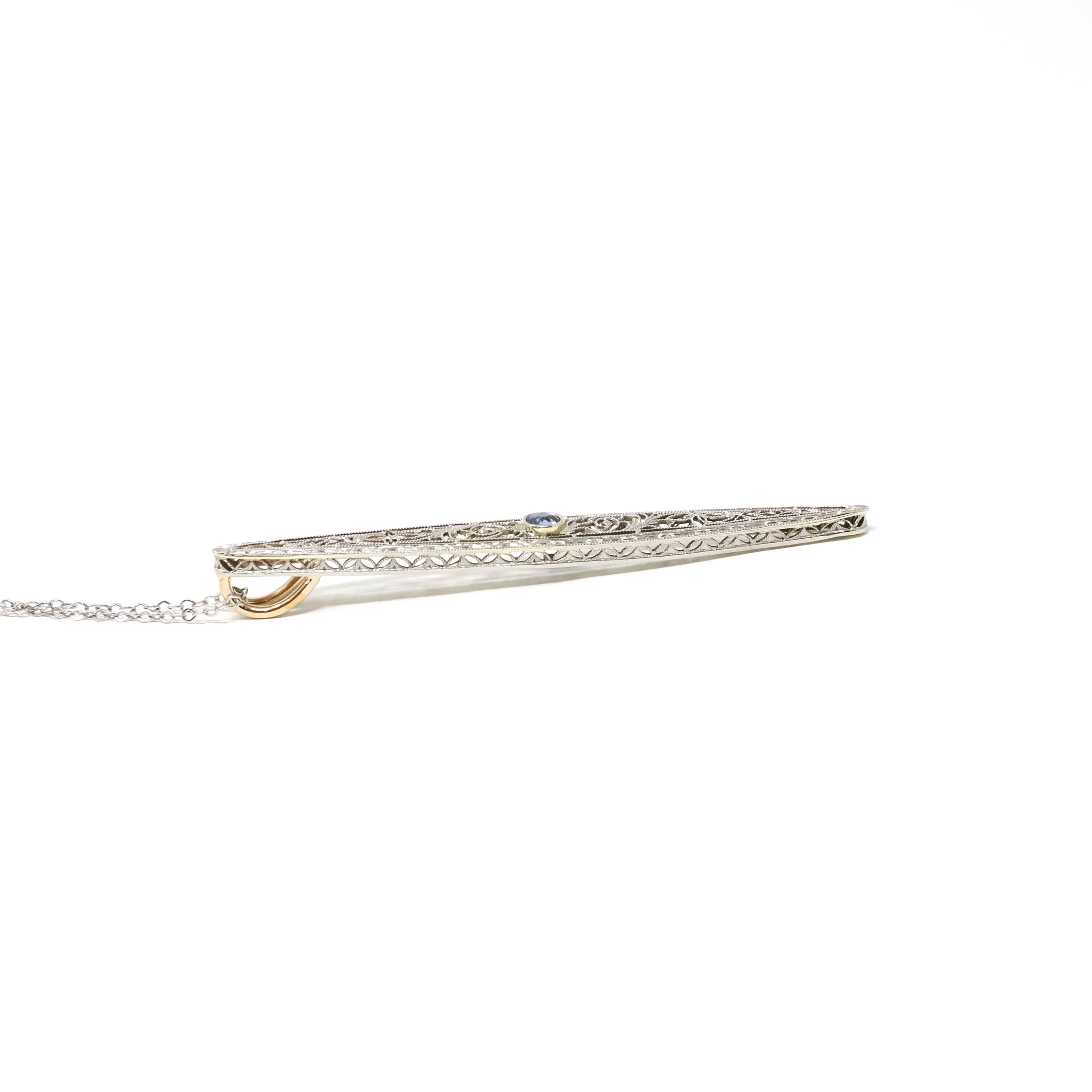 Antique Sapphire Pendant - Edwardian Platinum 14k Yellow Gold Natural Sapphire Filigree Brooch Conversion - Vintage Circa 1910s Fine Jewelry