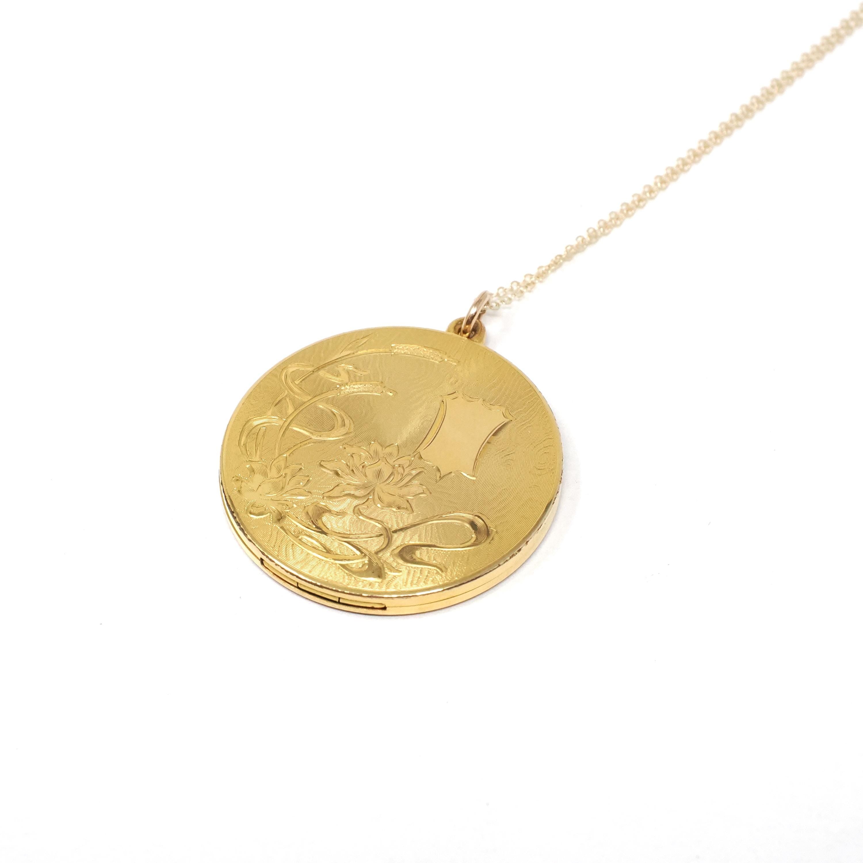 Antique Photo Locket - Edwardian Era Gold Filled Flower Design Round Fob Necklace - Patented 1903 Keepsake Floral Signed RBM Atrice Jewelry