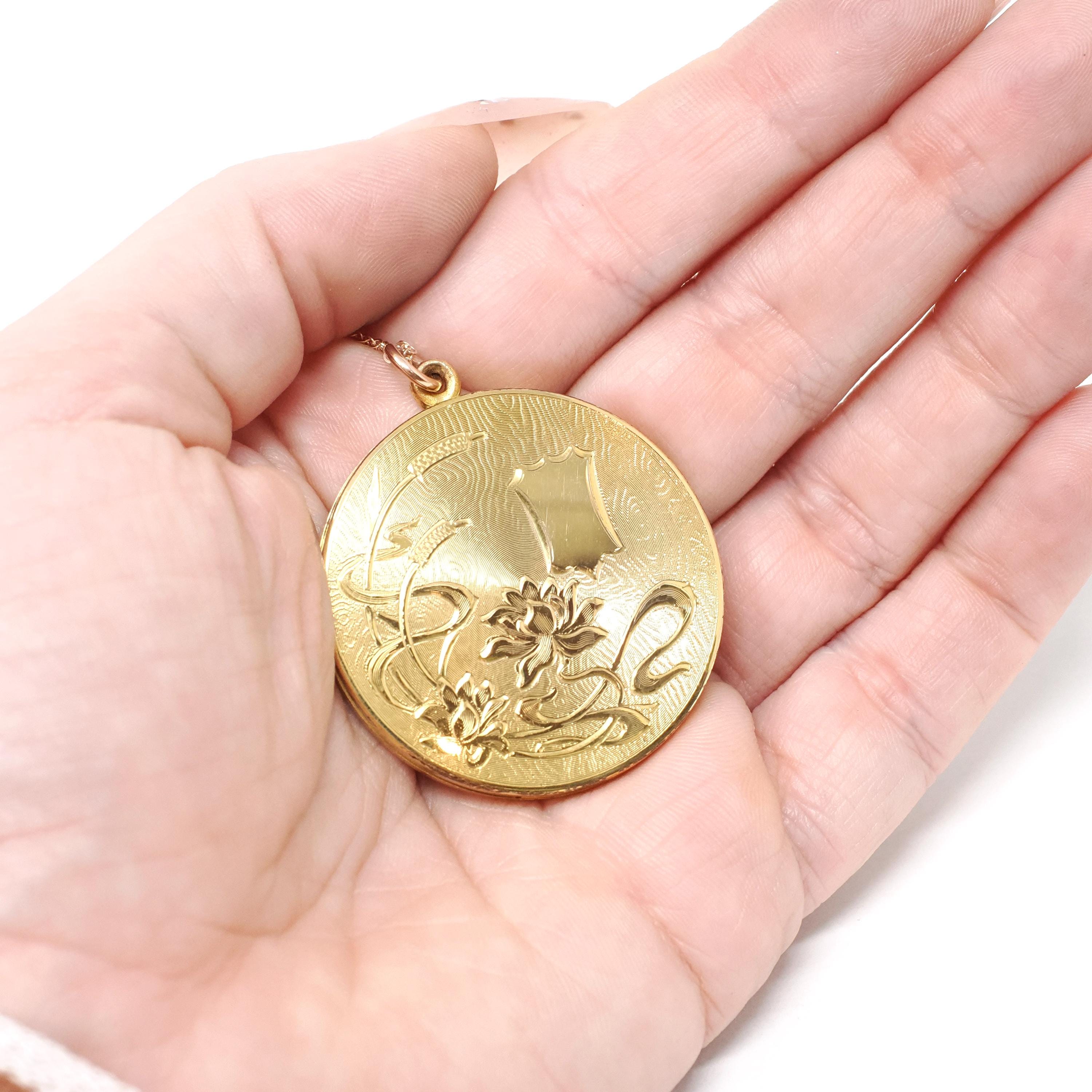 Antique Photo Locket - Edwardian Era Gold Filled Flower Design Round Fob Necklace - Patented 1903 Keepsake Floral Signed RBM Atrice Jewelry