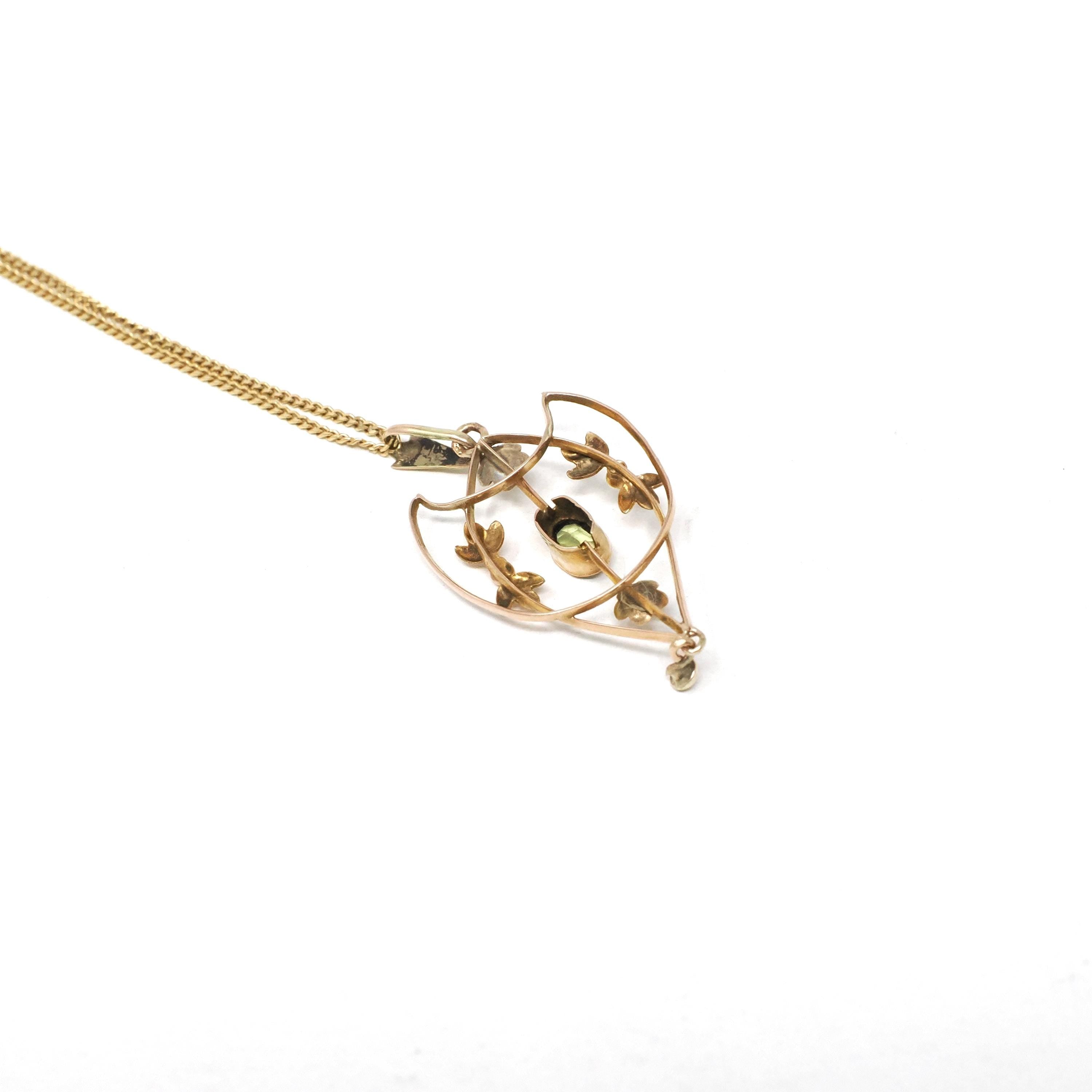 Antique Peridot Lavalier - Edwardian Era 9k Yellow Gold Natural Green Gemstone Pendant Necklace - Circa 1900s Leaf Flower Charm Fine Jewelry