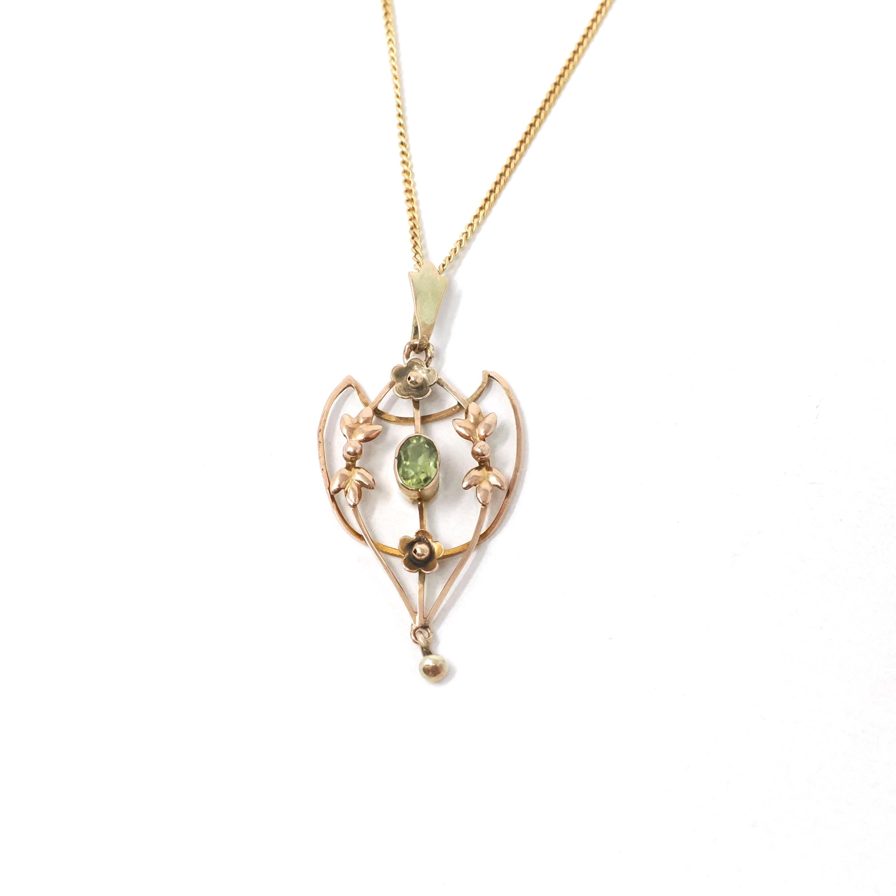 Antique Peridot Lavalier - Edwardian Era 9k Yellow Gold Natural Green Gemstone Pendant Necklace - Circa 1900s Leaf Flower Charm Fine Jewelry