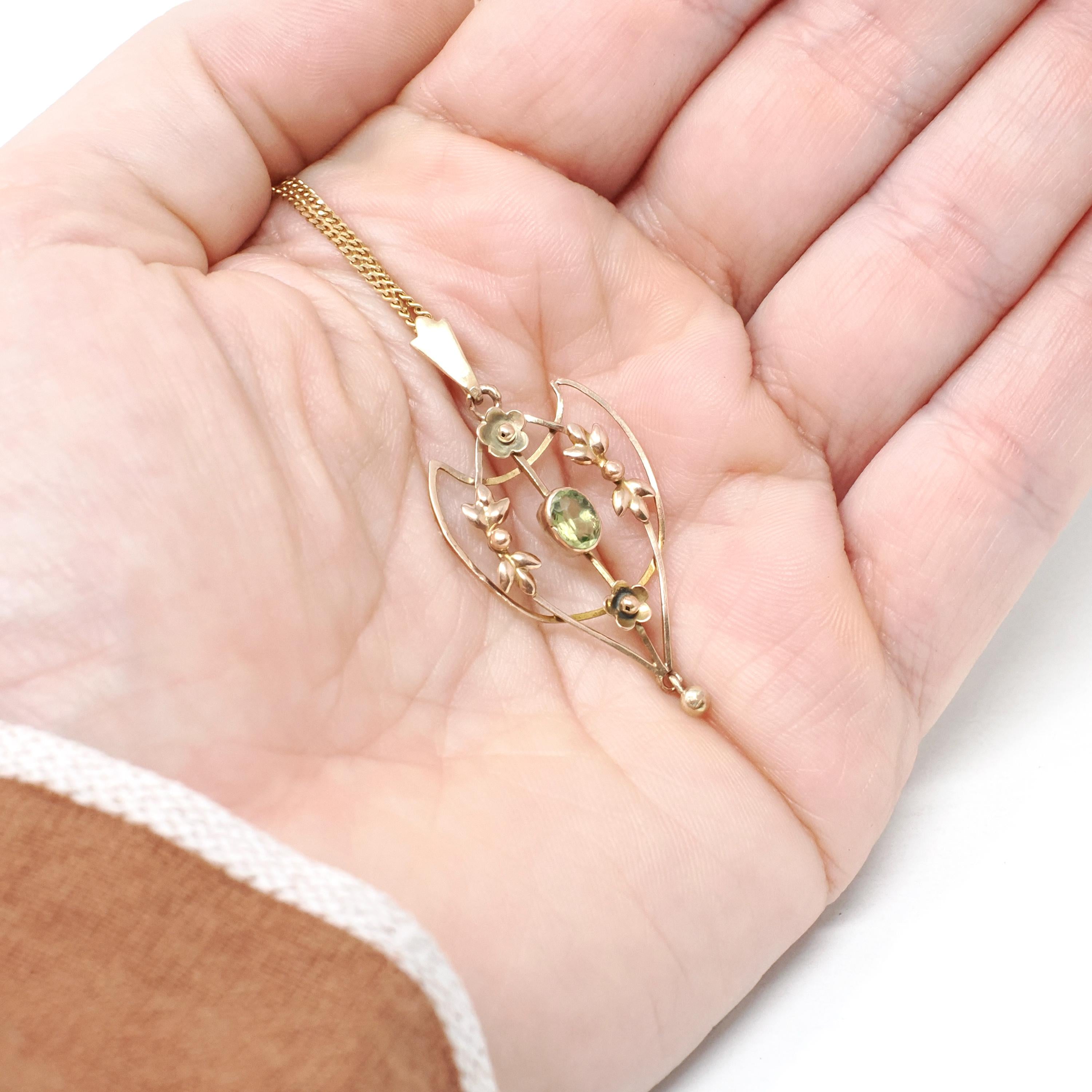 Antique Peridot Lavalier - Edwardian Era 9k Yellow Gold Natural Green Gemstone Pendant Necklace - Circa 1900s Leaf Flower Charm Fine Jewelry