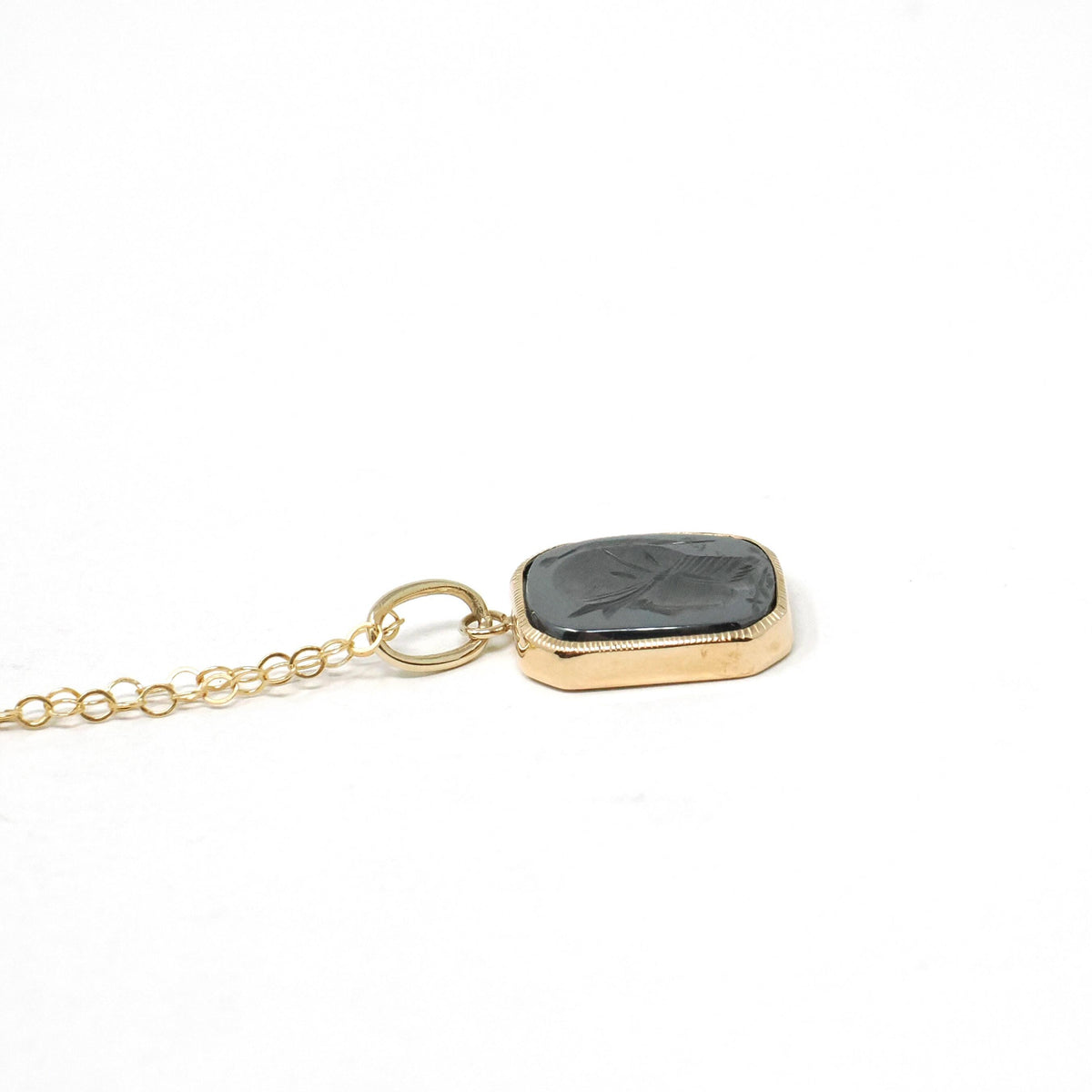 Intaglio Conversion Pendant - Modern 14k Yellow Gold Bezel Charm Carved Natural Hematite Gem Necklace - Circa 2000s Era Warrior Fob Jewelry