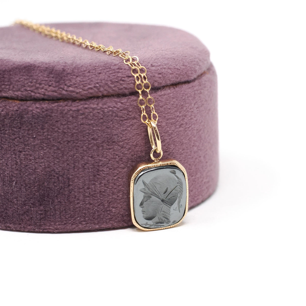 Intaglio Conversion Pendant - Modern 14k Yellow Gold Bezel Charm Carved Natural Hematite Gem Necklace - Circa 2000s Era Warrior Fob Jewelry