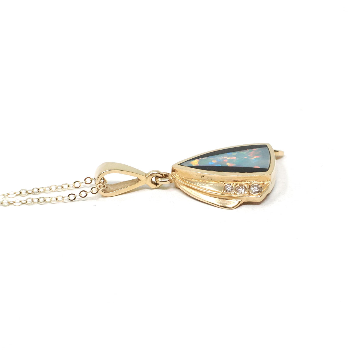Opal Doublet Pendant Necklace - Modern 14k Yellow Gold Play Of Color Gem Onyx Inlay Diamond Accents - Circa 2000s Era Modernist Fine Jewelry