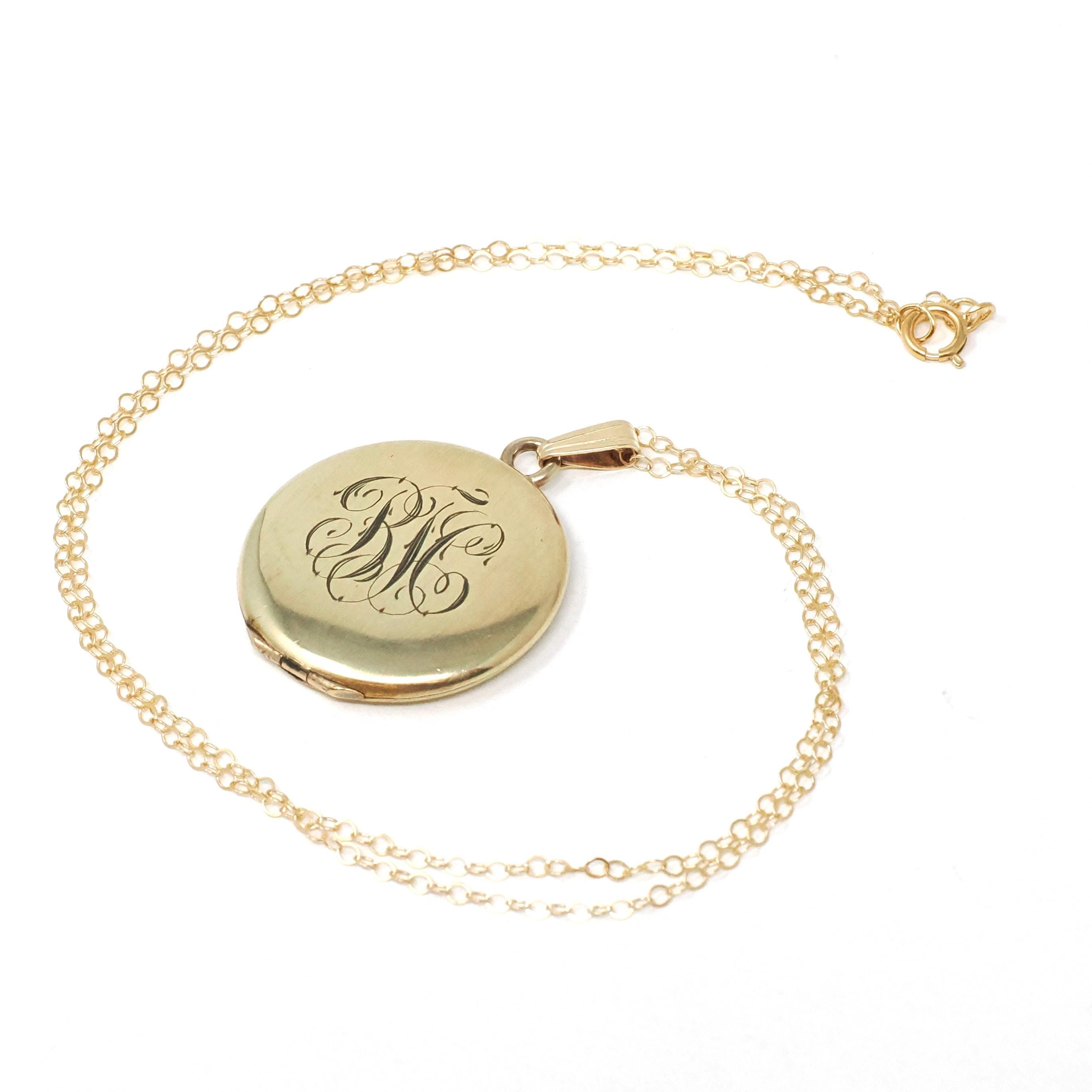 Antique "BJC" Locket - Edwardian Gold Filled Round Engraved Photo Pendant Necklace - Antique 1900s Photograph Monogrammed Keepsake Jewelry