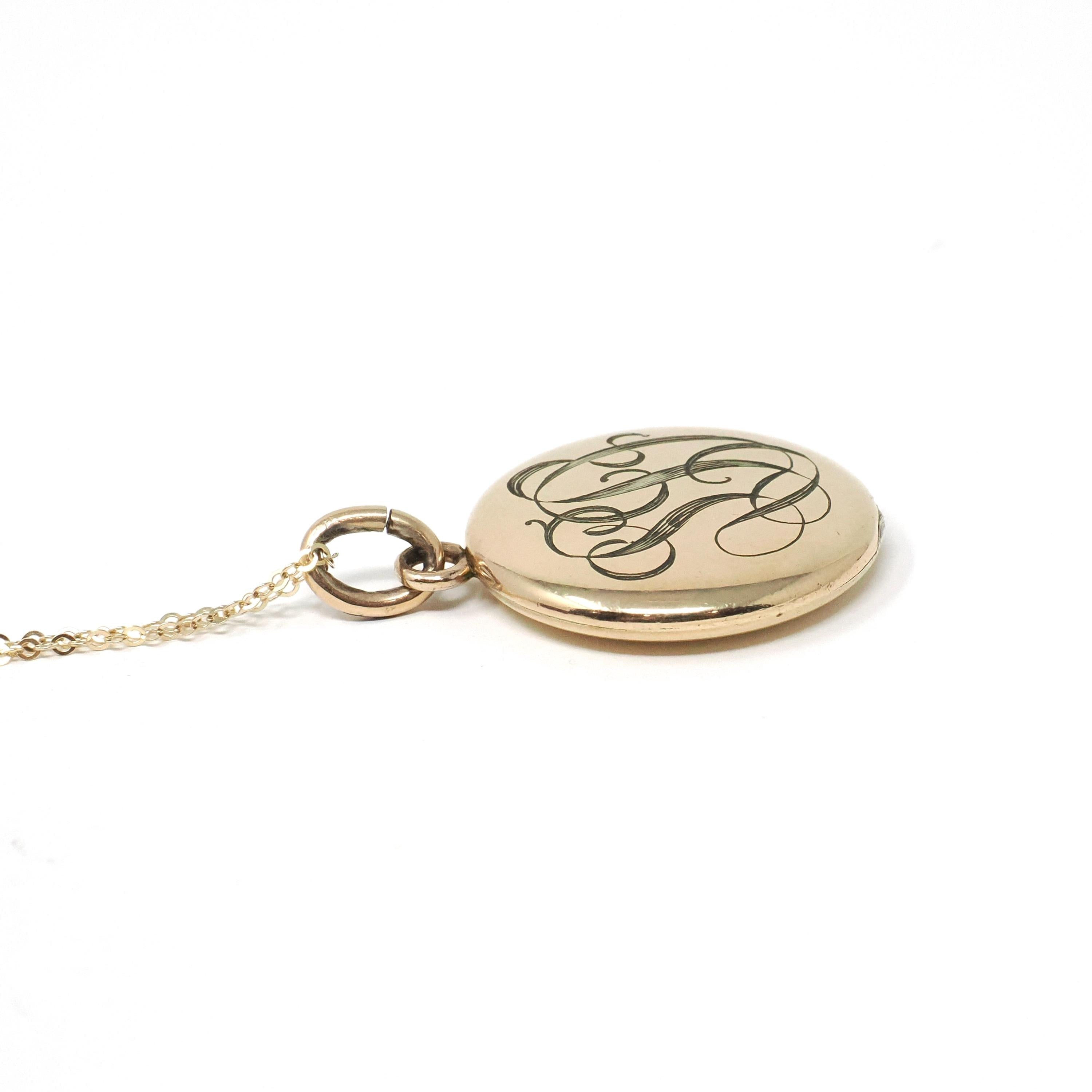 Antique "SD" Locket - Edwardian Gold Filled Round Engraved Photo Pendant Necklace - Antique 1900s Photograph Monogrammed Keepsake Jewelry