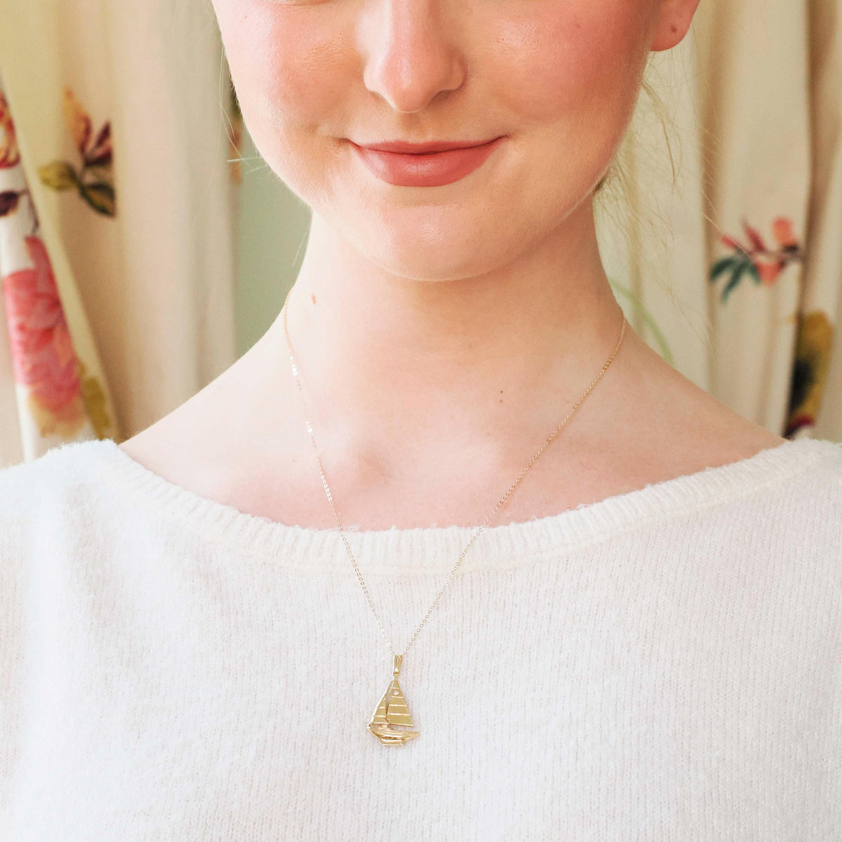 Diamond Sailboat Pendant - Estate 14k Yellow Gold Natural Gemstone Necklace Charm - Modern 2000's Era Sailing Boating Nautical Fine Jewelry