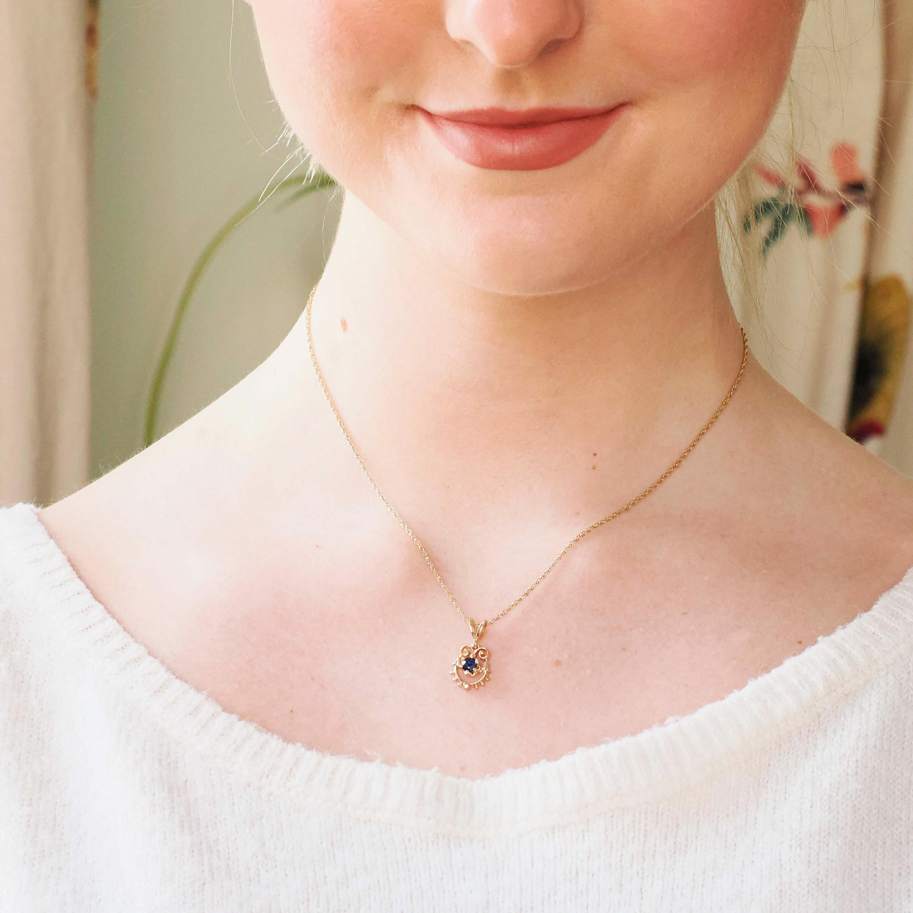 Modern Sapphire Charm - Estate 14k Yellow Gold Natural Blue Gemstone Pendant Necklace - Circa 2000s Era Dainty Open Metal Gem Fine Jewelry