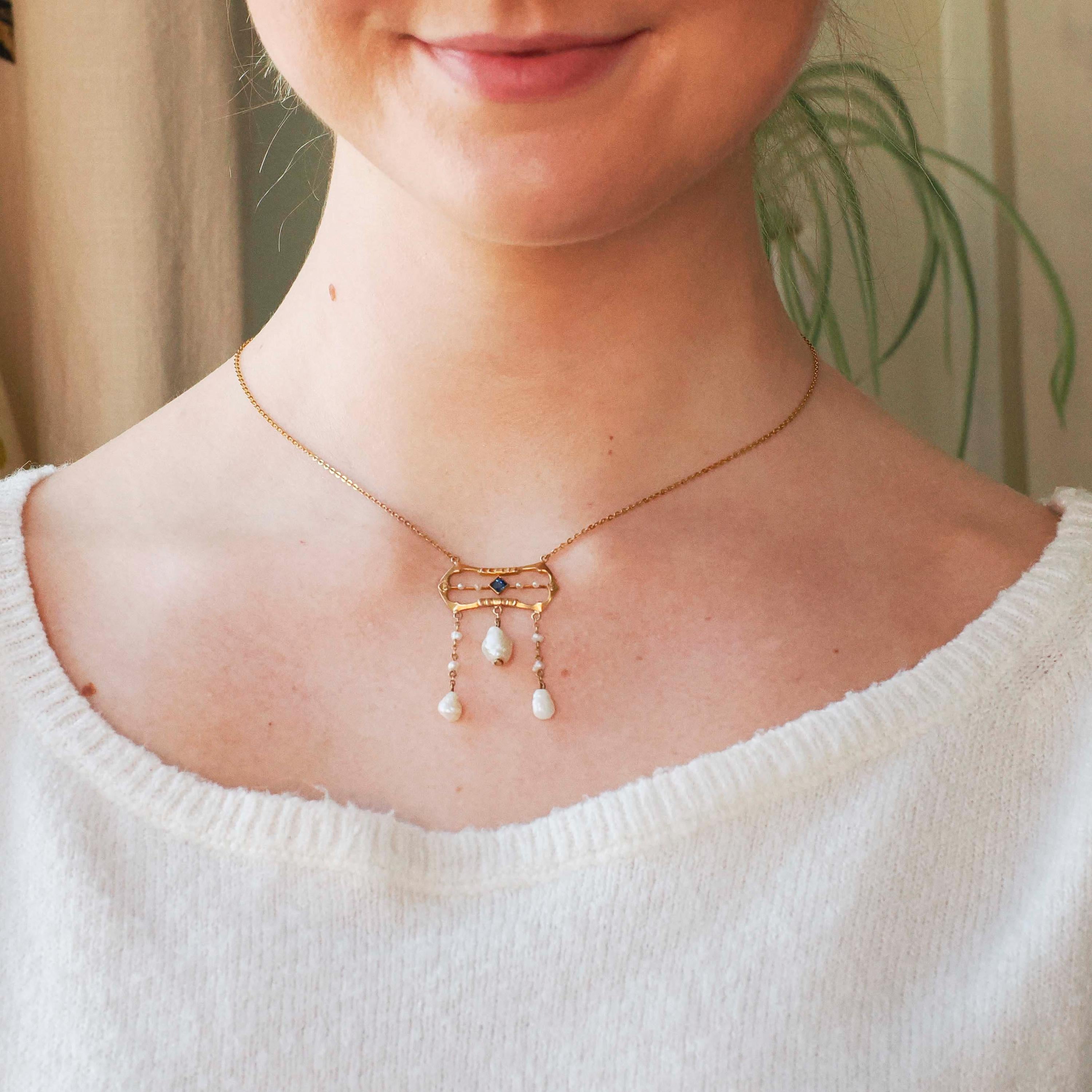Antique Lavalier Necklace - Edwardian 10k Yellow Gold Baroque Pearl Pendant - Circa 1910s Era Simulated Blue Sapphire Glass Fine Jewelry