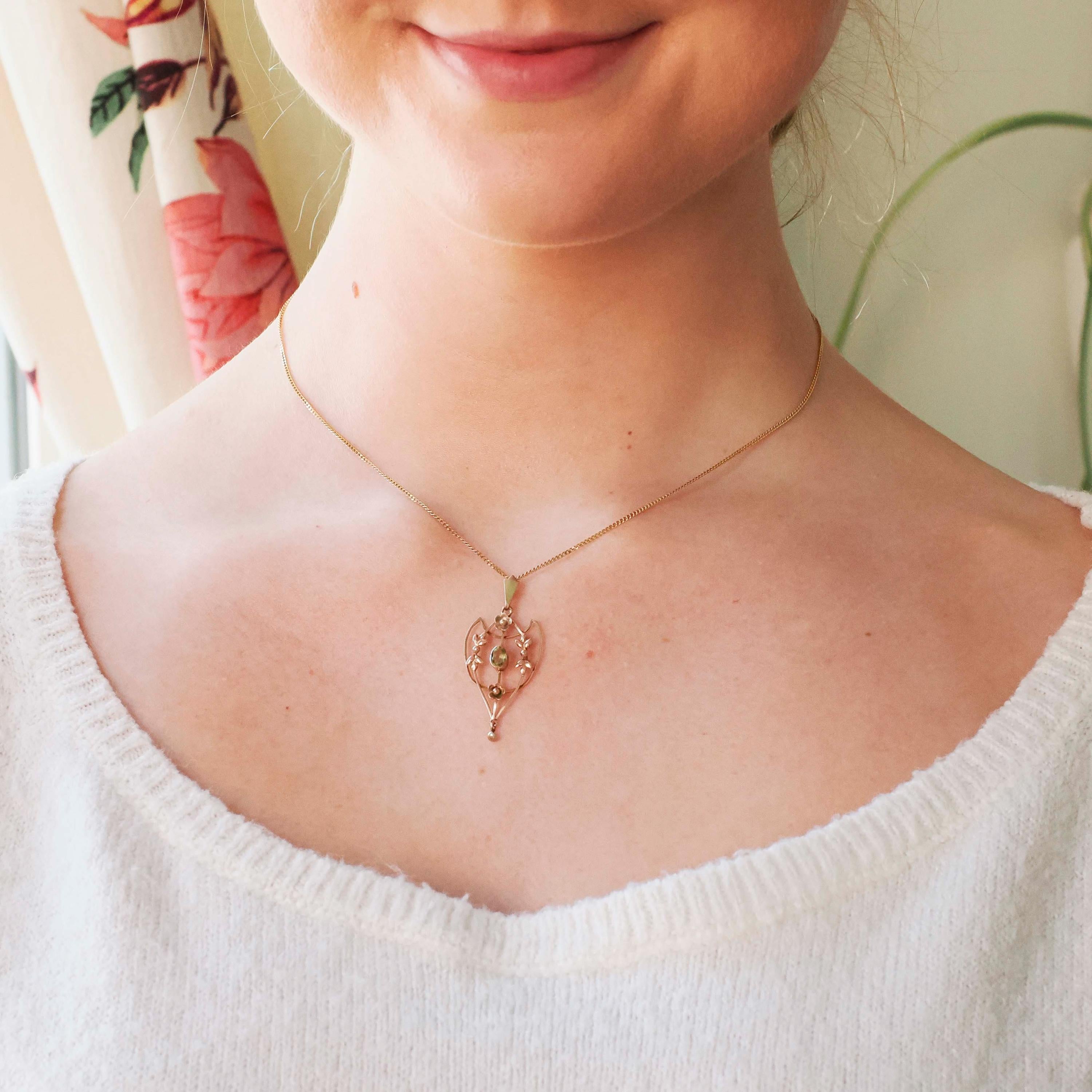 Antique Peridot Lavalier - Edwardian Era 9k Yellow Gold Natural Green Gemstone Pendant Necklace - Circa 1900s Leaf Flower Charm Fine Jewelry