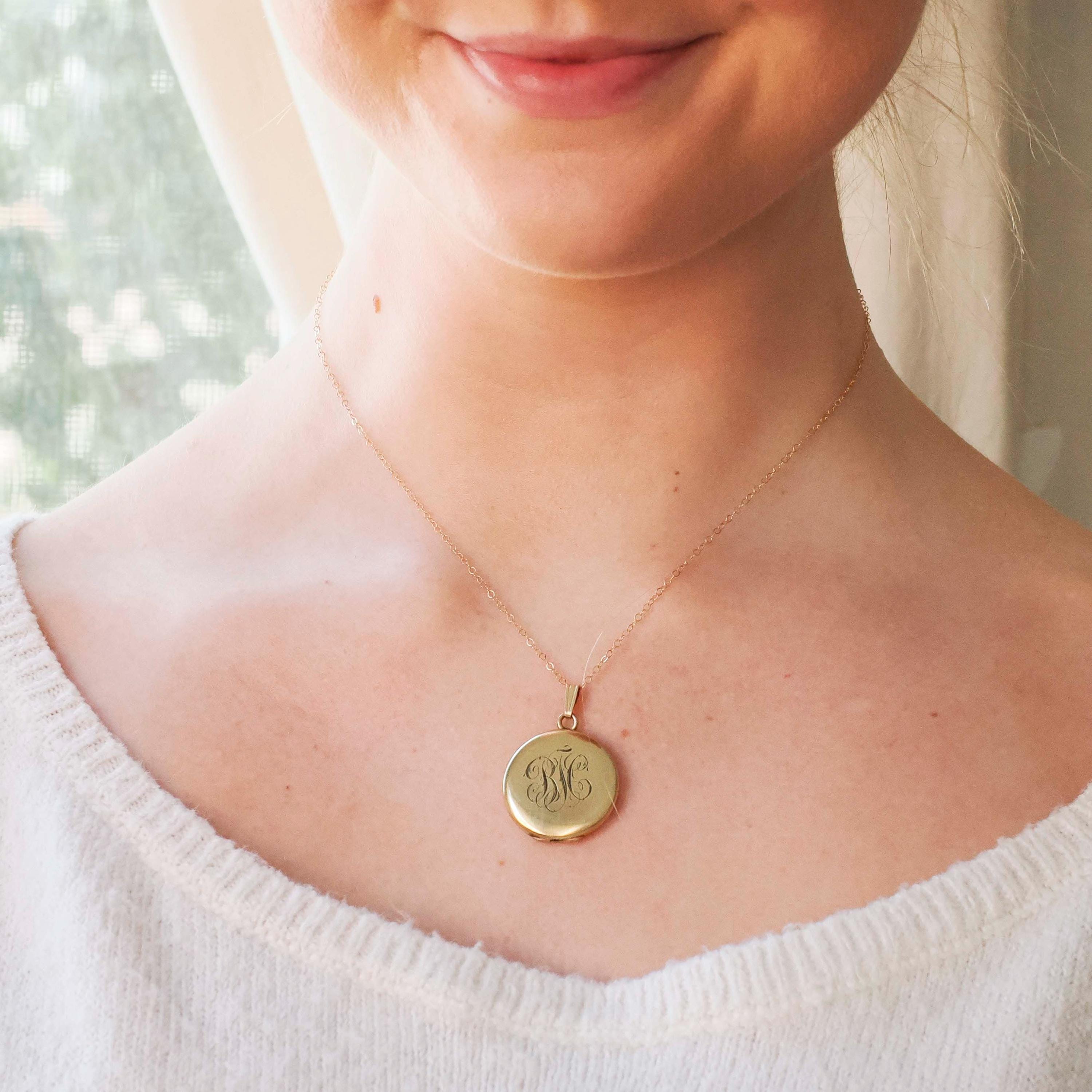 Antique "BJC" Locket - Edwardian Gold Filled Round Engraved Photo Pendant Necklace - Antique 1900s Photograph Monogrammed Keepsake Jewelry