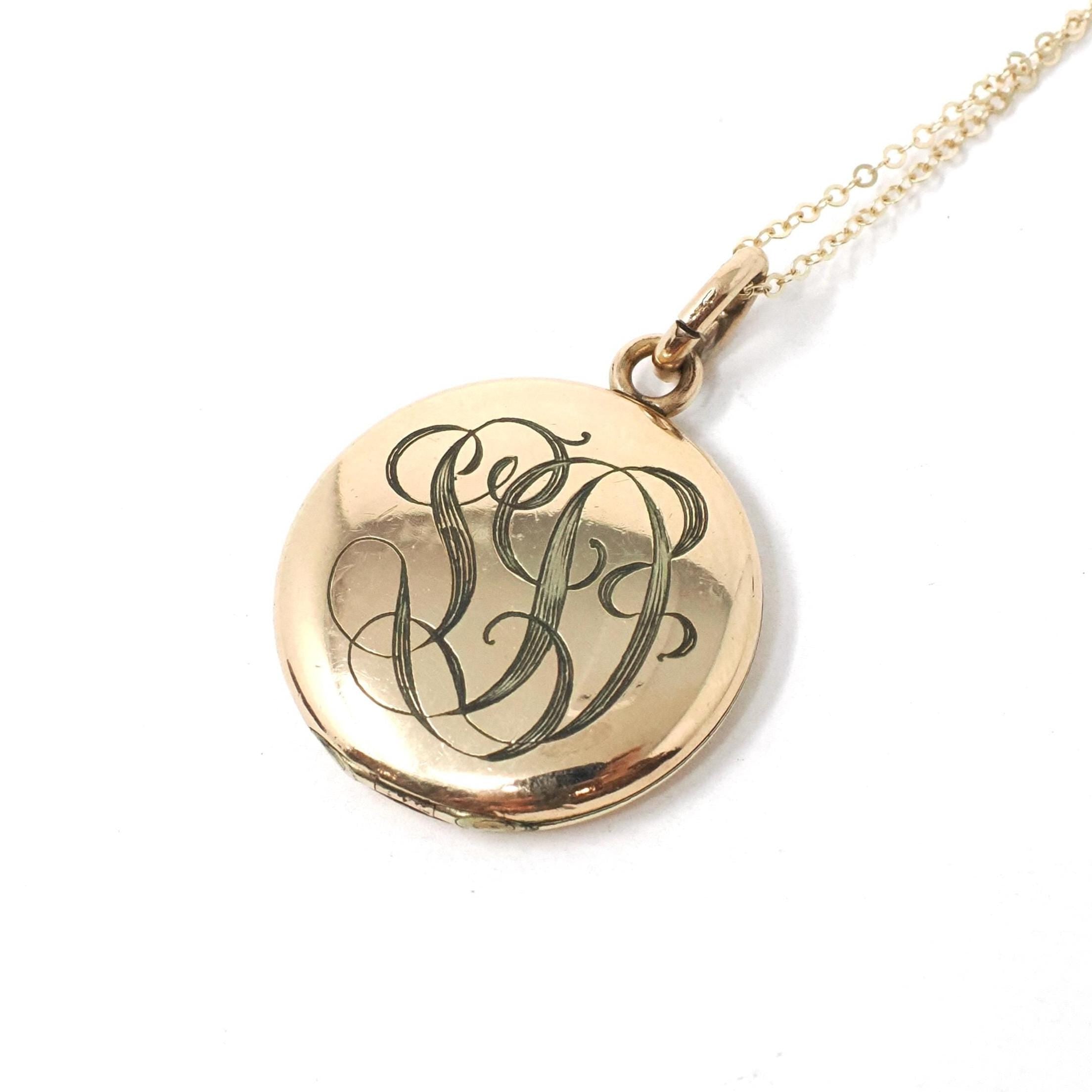 Antique "SD" Locket - Edwardian Gold Filled Round Engraved Photo Pendant Necklace - Antique 1900s Photograph Monogrammed Keepsake Jewelry