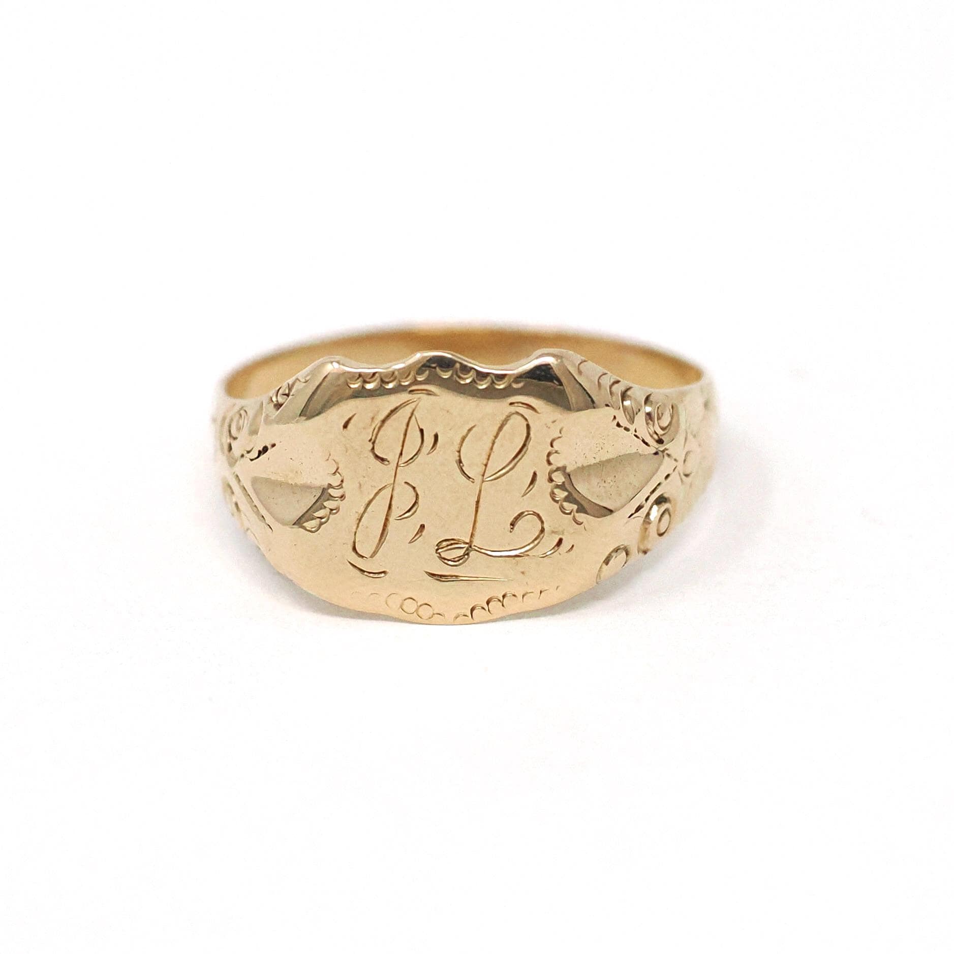 Antique "JL" Signet Ring - Edwardian Era 14k Yellow Gold Script Shield Men's Unisex Statement - Vintage Early 1900s Era Size 12 Fine Jewelry