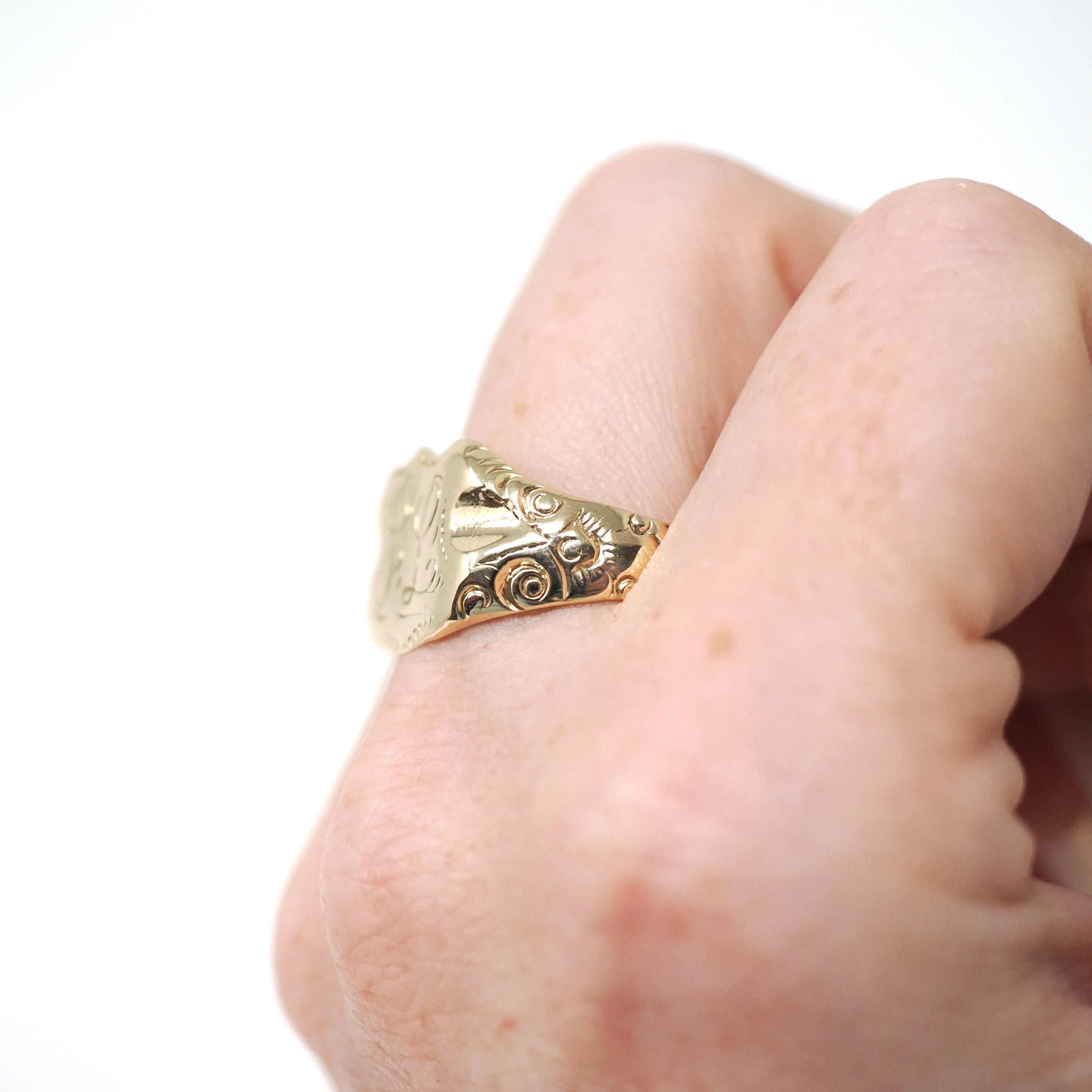 Antique "JL" Signet Ring - Edwardian Era 14k Yellow Gold Script Shield Men's Unisex Statement - Vintage Early 1900s Era Size 12 Fine Jewelry