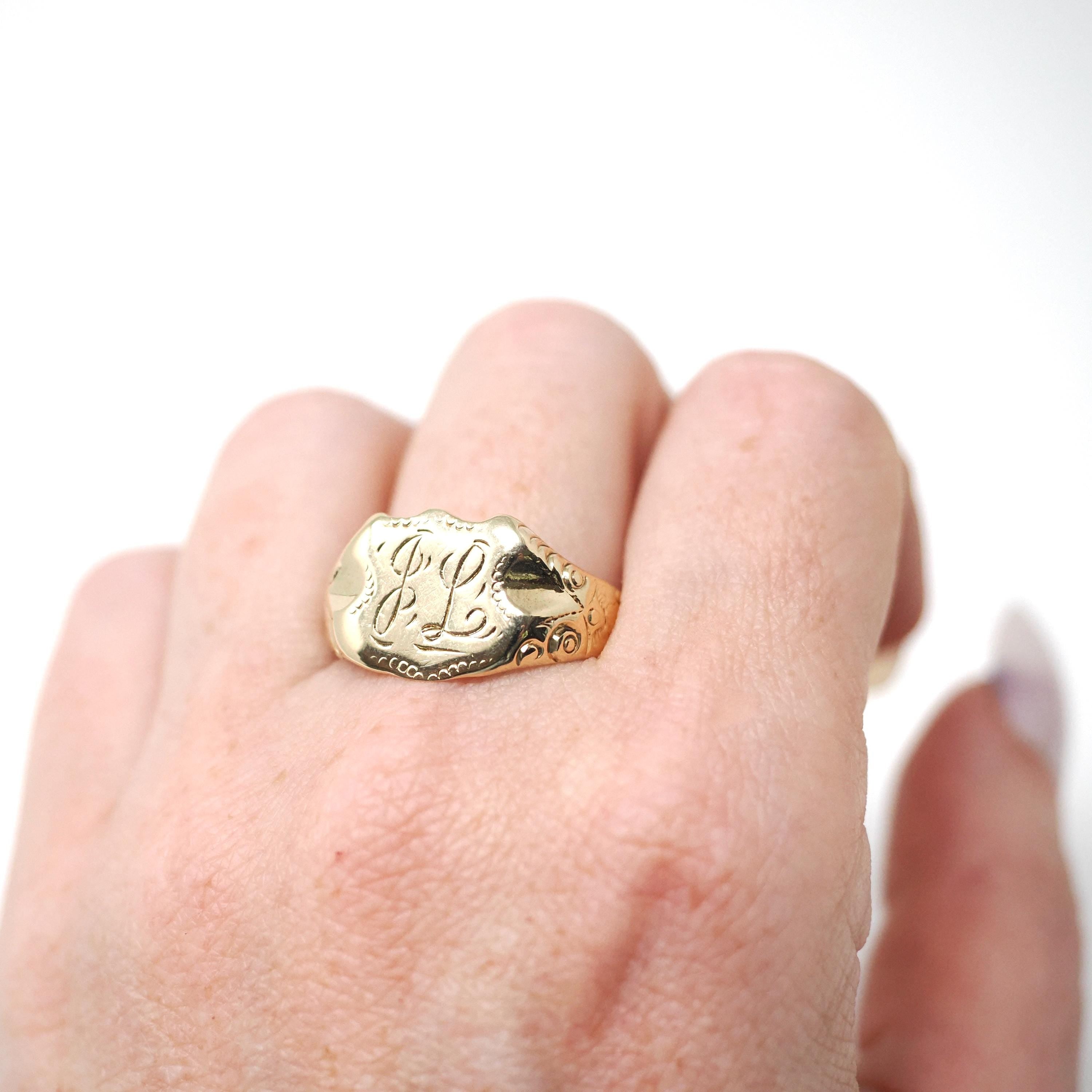 Antique "JL" Signet Ring - Edwardian Era 14k Yellow Gold Script Shield Men's Unisex Statement - Vintage Early 1900s Era Size 12 Fine Jewelry