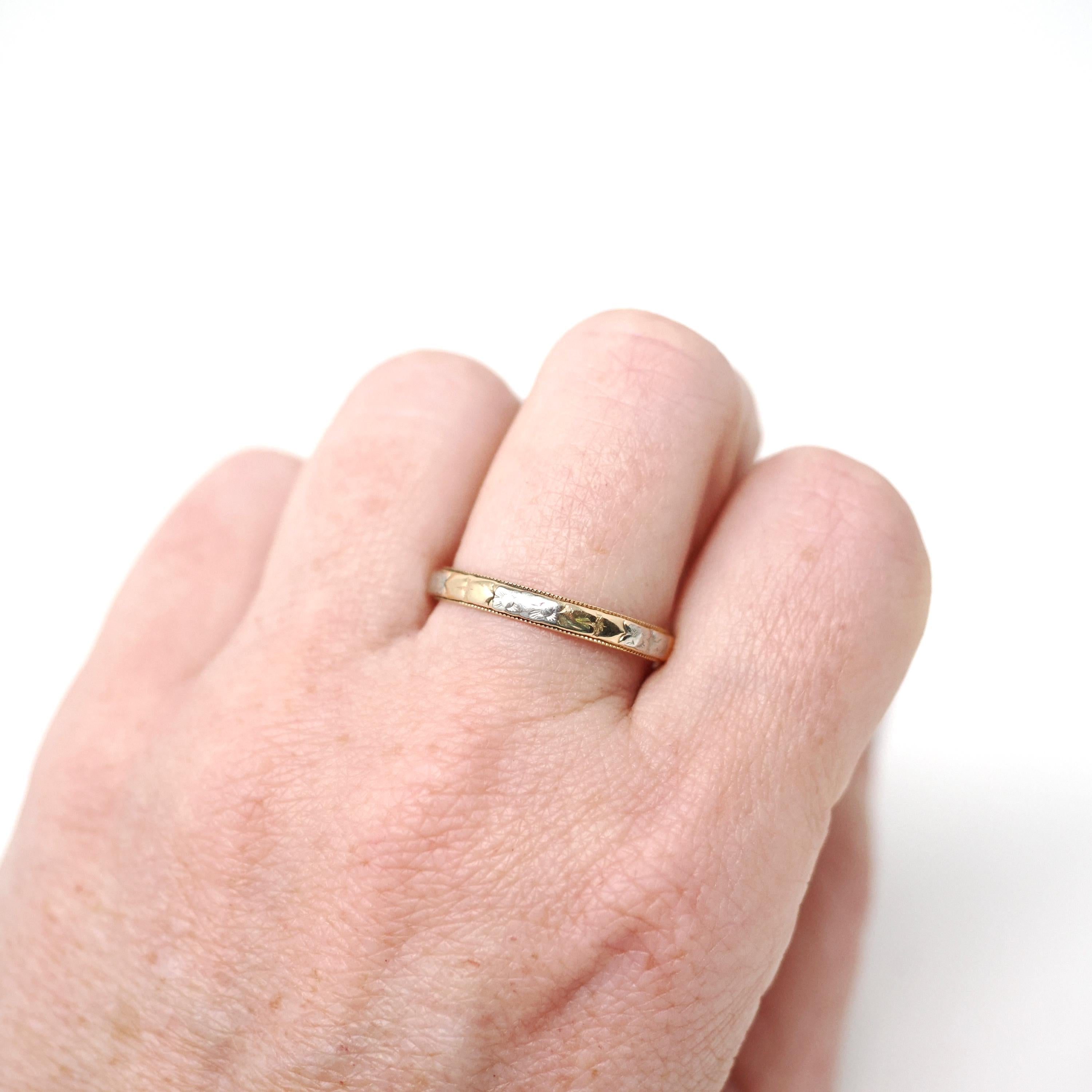 Vintage Wedding Band - Mid Century Era 14k Yellow & White Gold Two Tone Heart Flower Ring - Circa 1940s Size 9 Men's Unisex Fine 40s Jewelry