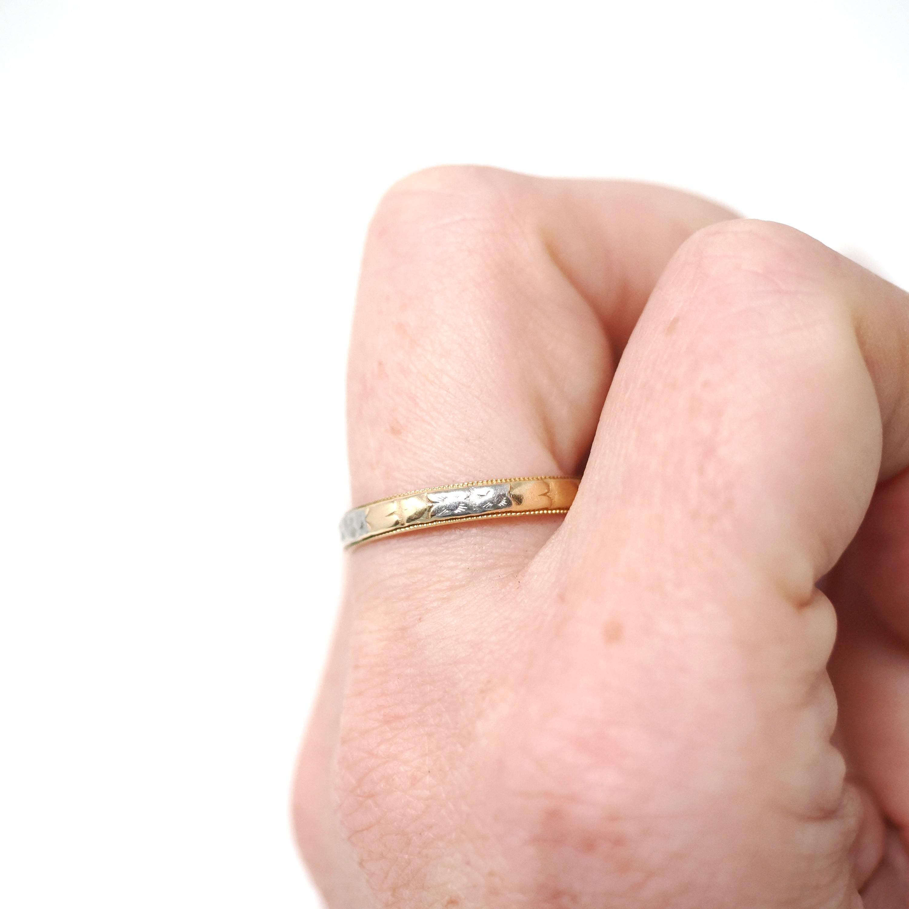 Vintage Wedding Band - Mid Century Era 14k Yellow & White Gold Two Tone Heart Flower Ring - Circa 1940s Size 9 Men's Unisex Fine 40s Jewelry