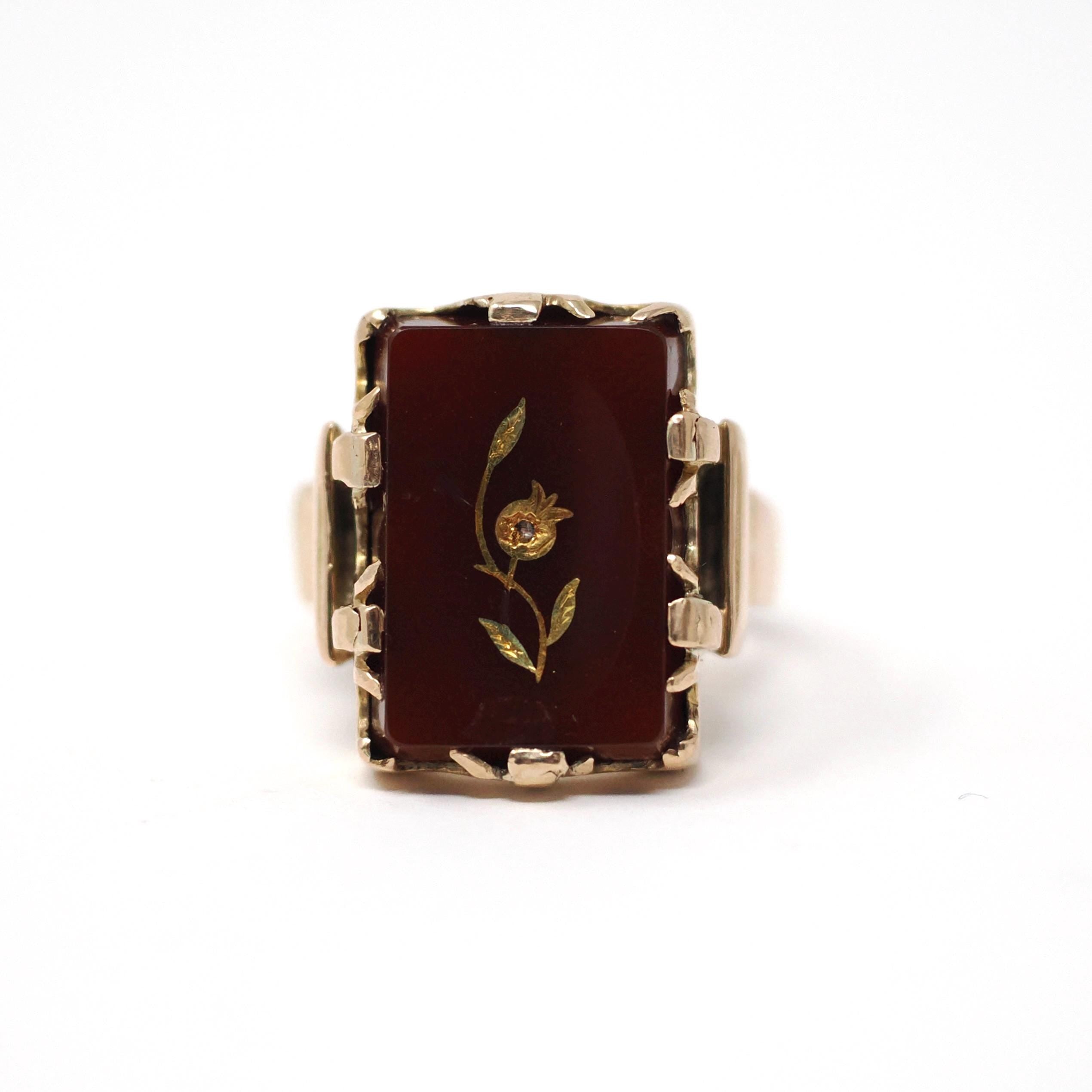 Rose of Sharon Ring - Victorian 14k Rose Gold Natural Sard Dark Red Gem - Antique Circa 1880s Size 6 1/2 Diamond Flower Fine Symbol Jewelry