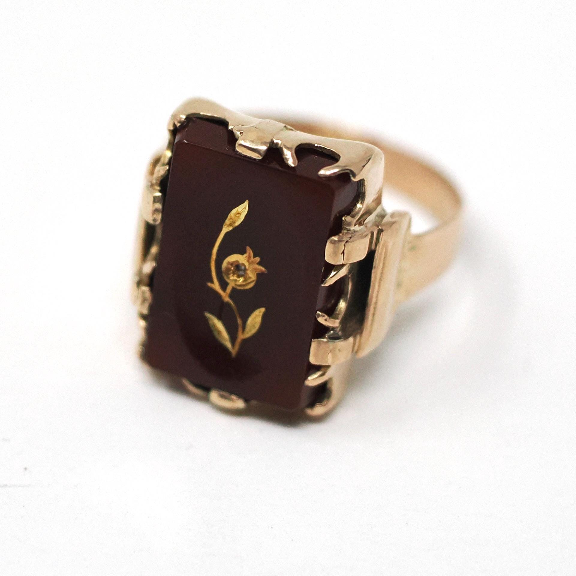 Rose of Sharon Ring - Victorian 14k Rose Gold Natural Sard Dark Red Gem - Antique Circa 1880s Size 6 1/2 Diamond Flower Fine Symbol Jewelry