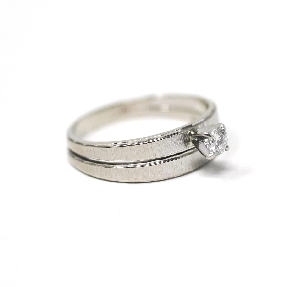 Vintage Wedding Ring Set - Mid Century 14k White Gold Natural Diamond Soldered Pair - Circa 1960s Size 9 Engagement Bridal Fine 60s Jewelry