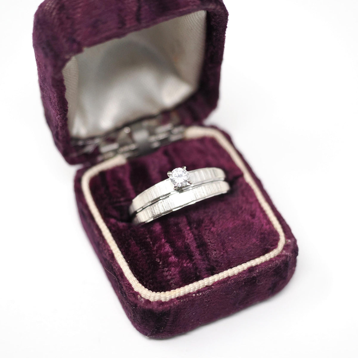 Vintage Wedding Ring Set - Mid Century 14k White Gold Natural Diamond Soldered Pair - Circa 1960s Size 9 Engagement Bridal Fine 60s Jewelry
