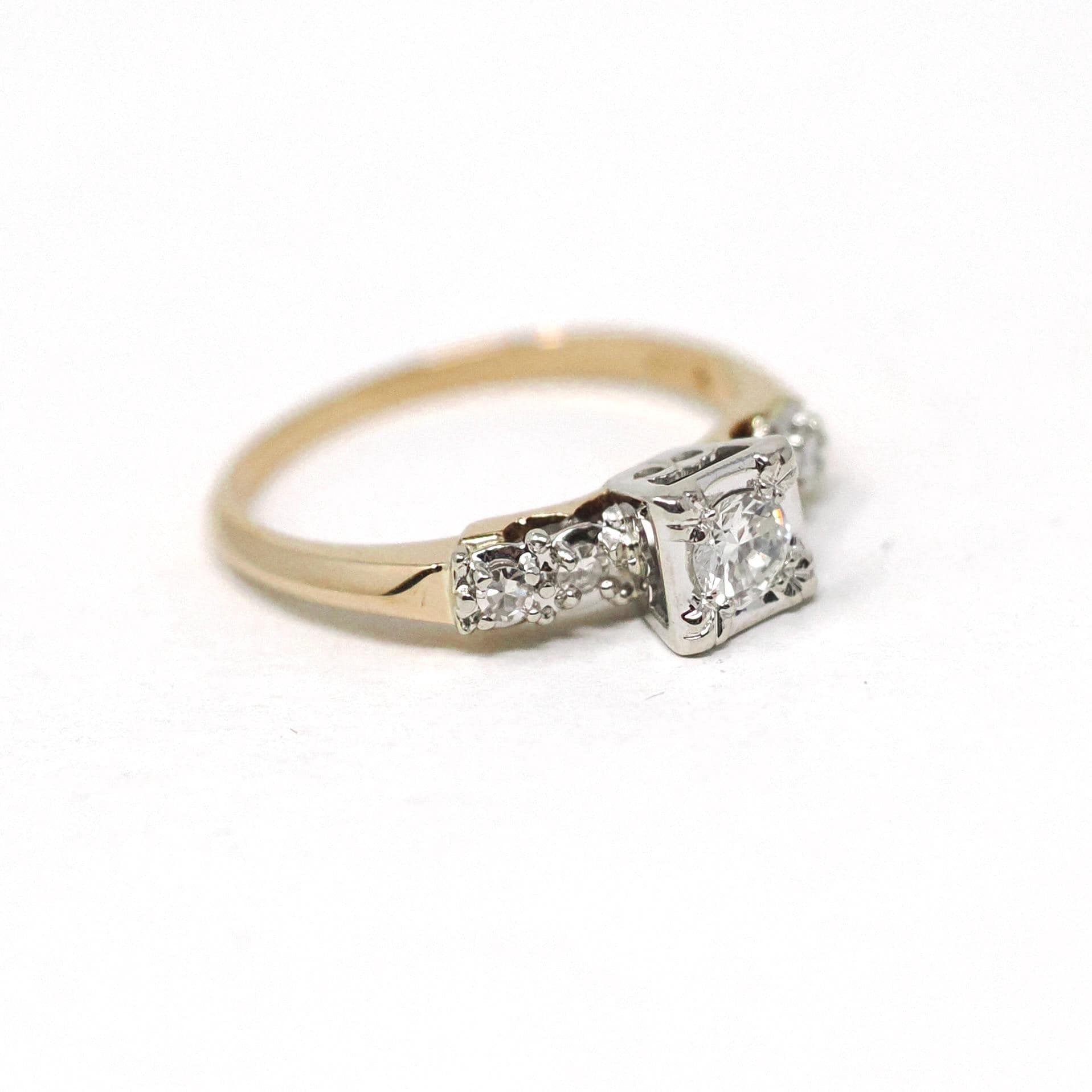 Vintage Engagement Ring - Mid Century 14k Yellow & White Gold Natural Diamond Illusion - Circa 1950s Size 6 1/4 Fine Two Tone Bridal Jewelry