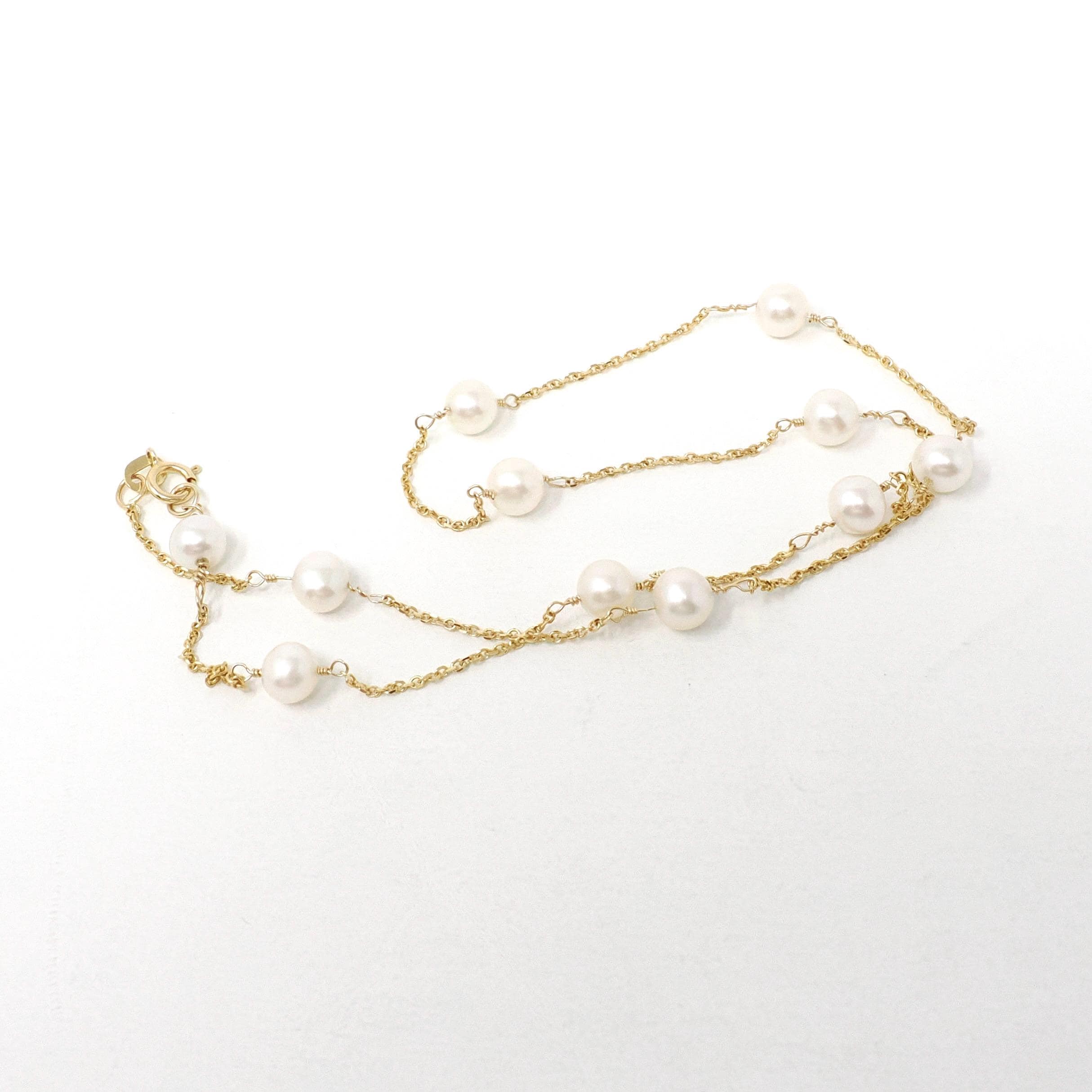 Cultured Pearl Station Necklace - Modern 14k Yellow Gold Stationary Dainty Cable Link Chain - Estate Circa 2000s Era 15 1/2 Fine Y2K Jewelry