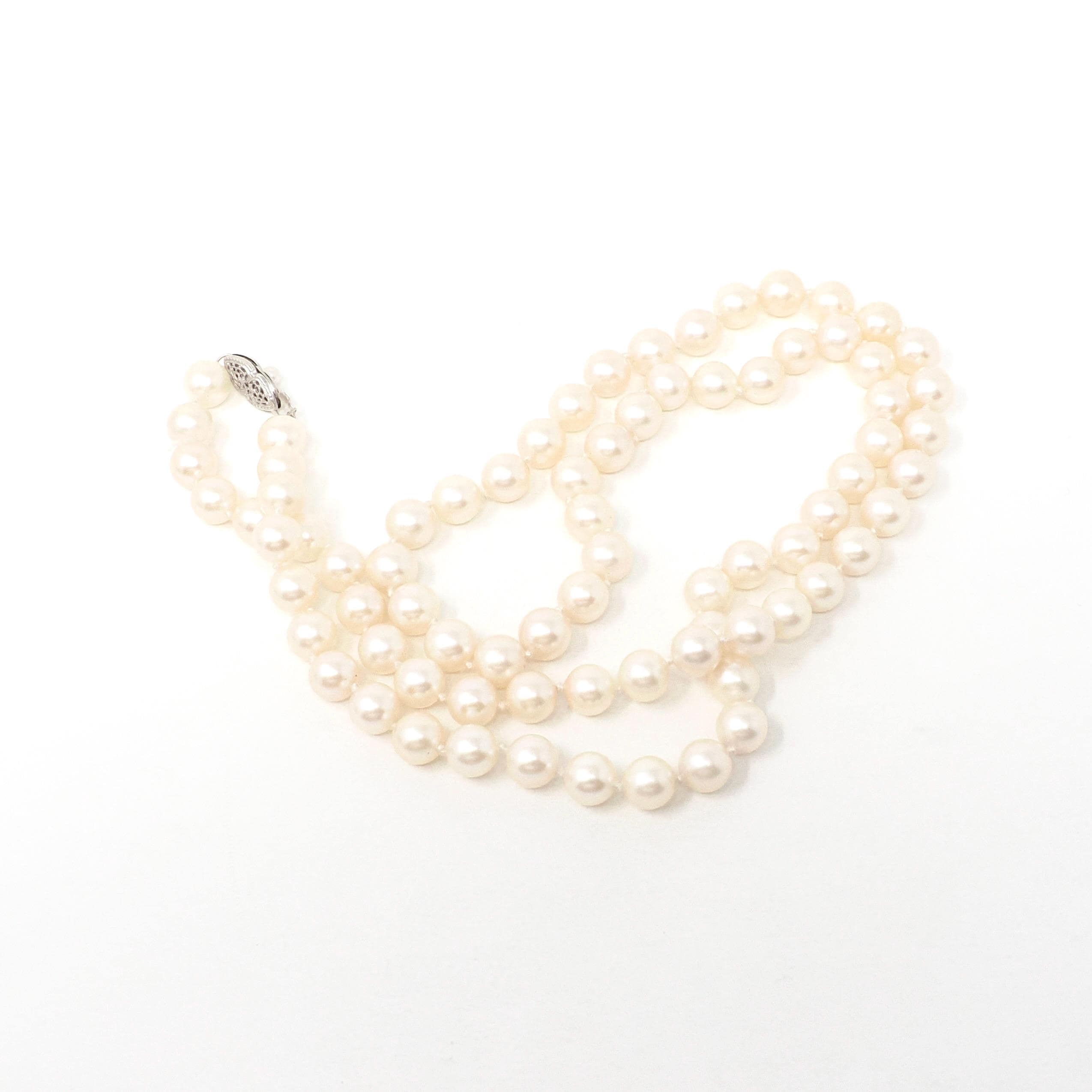 Cultured Pearl Necklace - Vintage 14k White Gold Individually Knotted 7 MM Strand - Mid Century Era Circa 1960s Era Statement Fine Jewelry