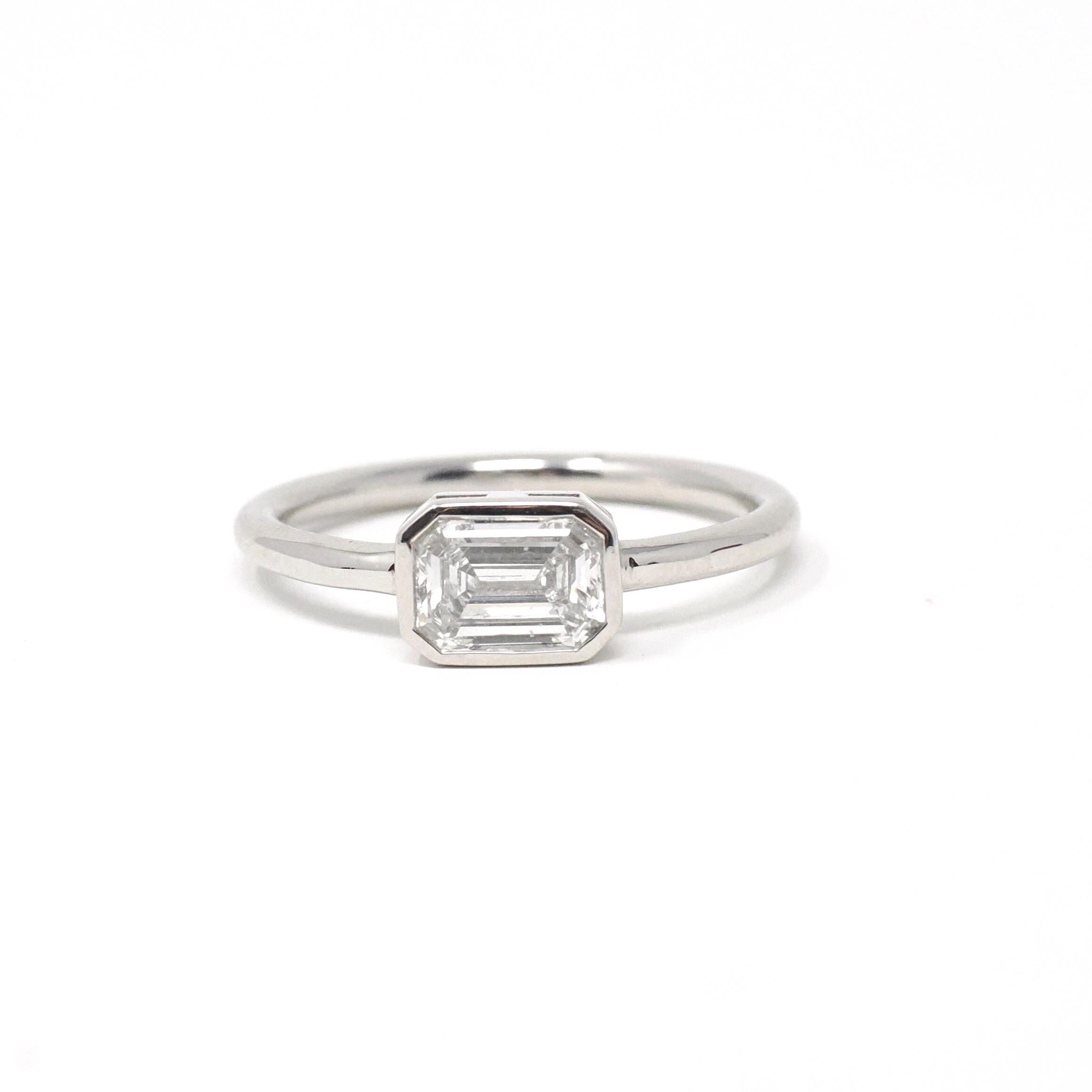 Emerald Cut Diamond Engagement Ring - Platinum Bezel East West Modern Setting - Minimalist Recycled Vintage Diamond GIA Report Fine Jewelry