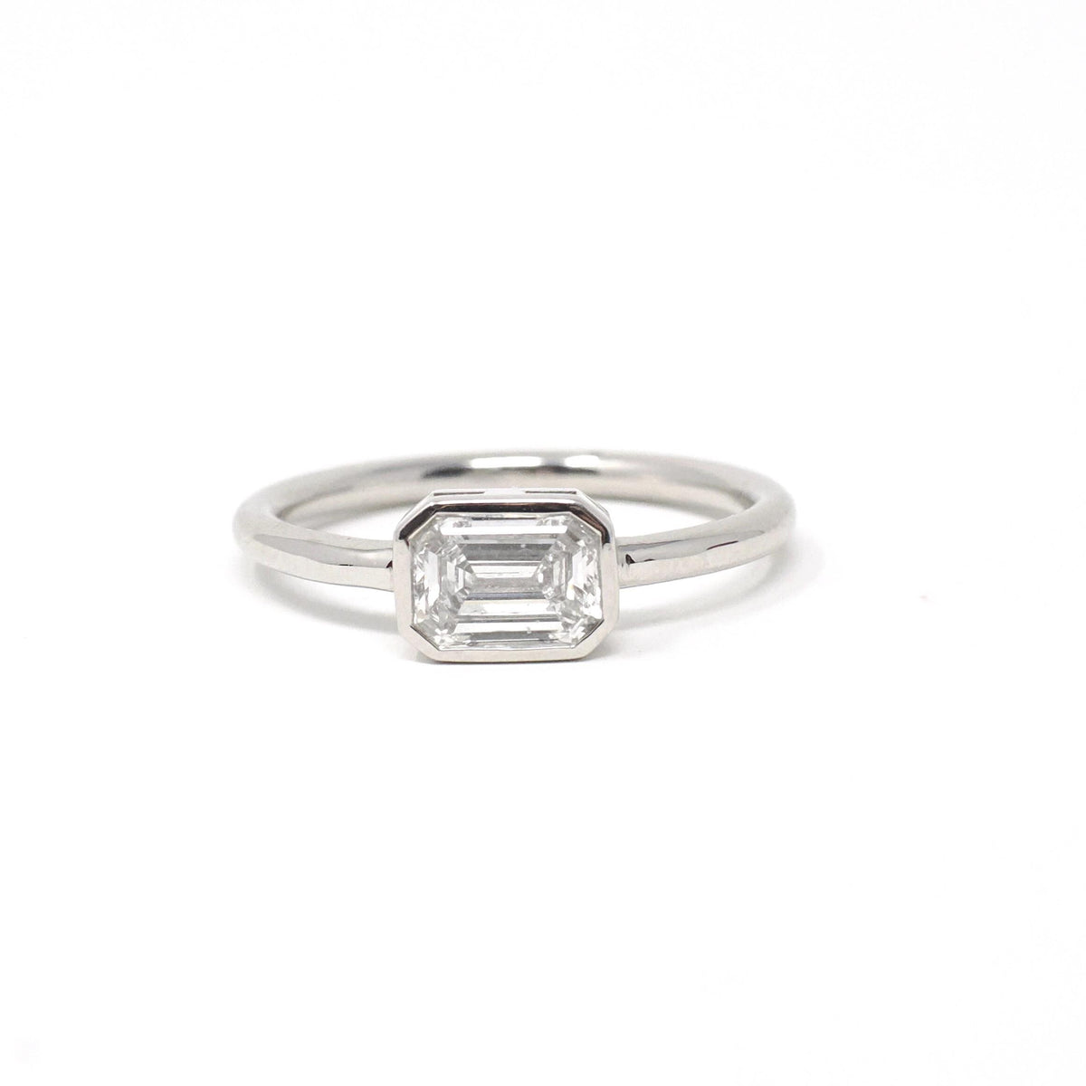 Emerald Cut Diamond Engagement Ring - Platinum Bezel East West Modern Setting - Minimalist Recycled Vintage Diamond GIA Report Fine Jewelry