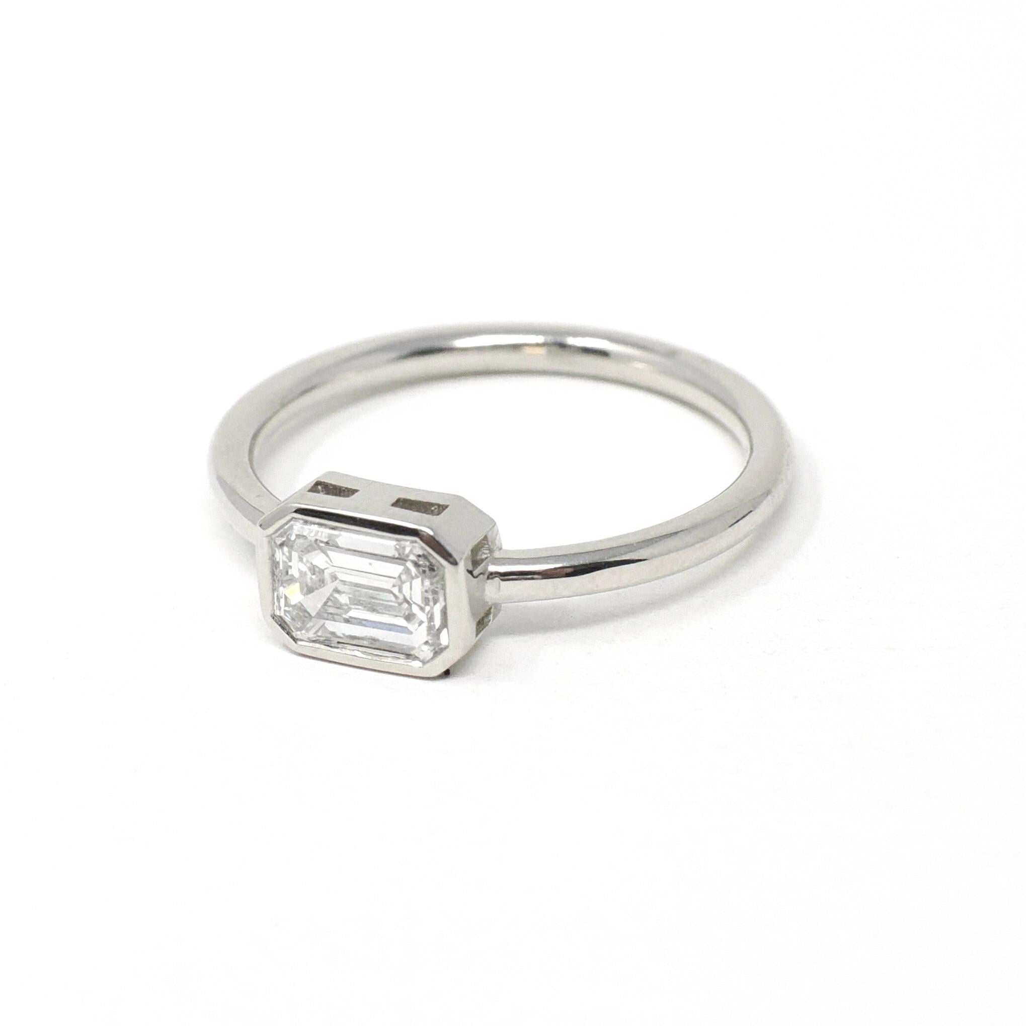 Emerald Cut Diamond Engagement Ring - Platinum Bezel East West Modern Setting - Minimalist Recycled Vintage Diamond GIA Report Fine Jewelry