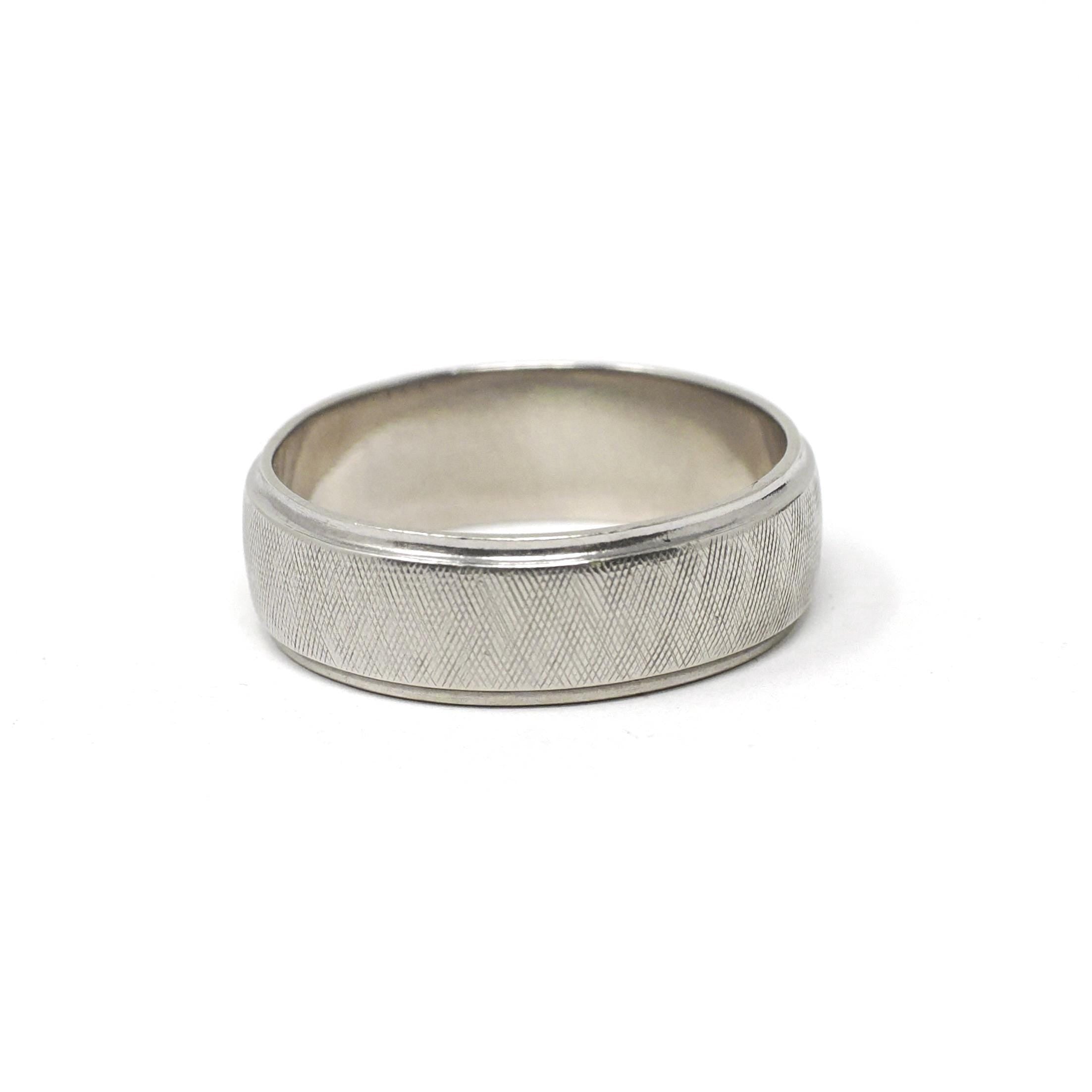 Vintage Wedding Ring - Retro 14k White Gold Florentine Textured Cigar Band - Circa 1960s Era Size 6 1/2 Half Round Fine Statement Jewelry