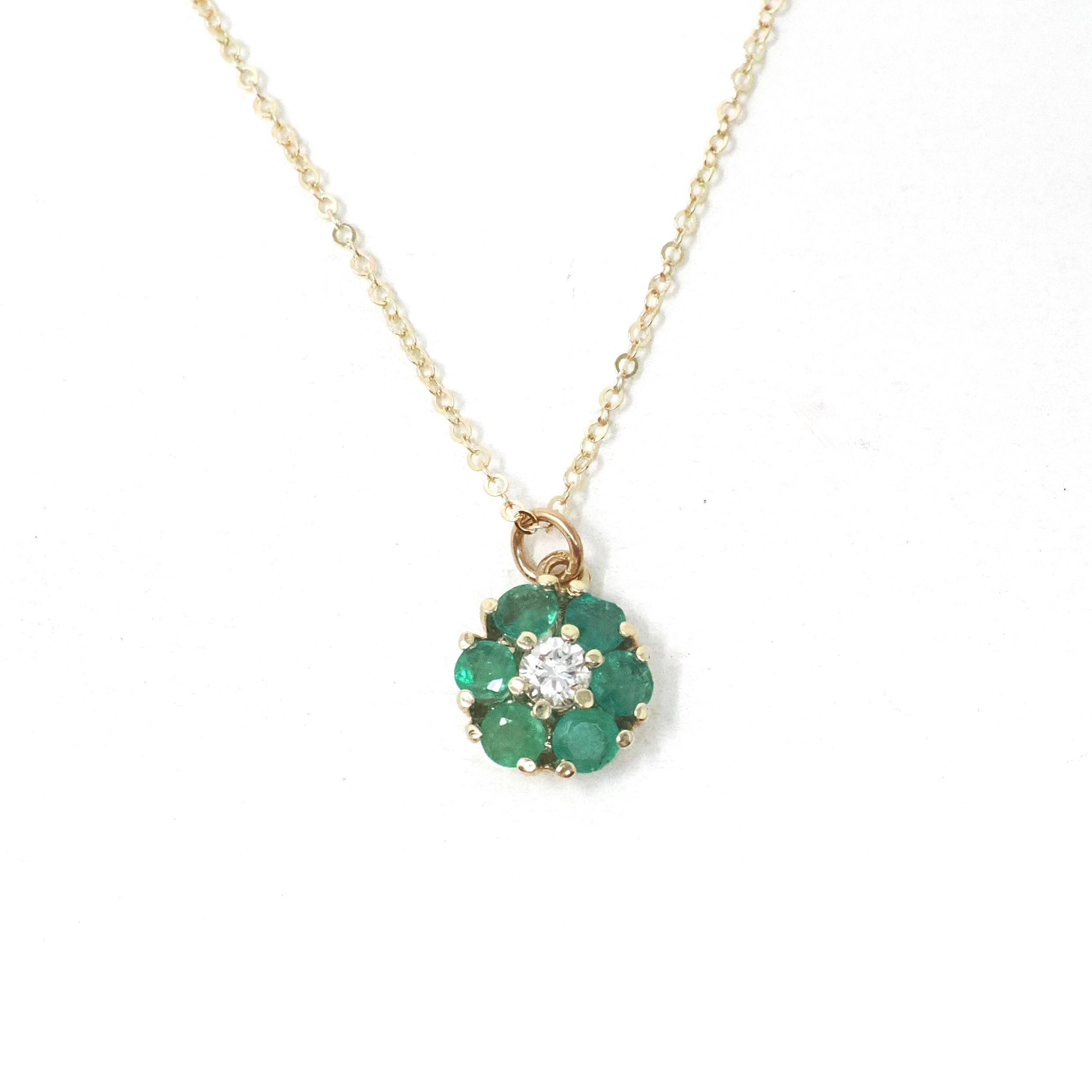 Floral Halo Necklace - Modern 14k Yellow Gold Natural .16 CT Diamond & Emerald Gemstones - Circa 1990s Petite Flower Pendant Fine Jewelry