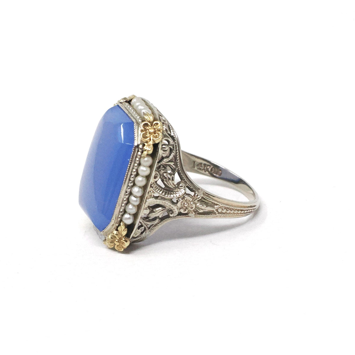Art Deco Ring - Vintage 14k Yellow & White Gold Lavender Dyed Chalcedony Gemstone - Circa 1930s Size 5 3/4 Filigree Seed Pearl Fine Jewelry