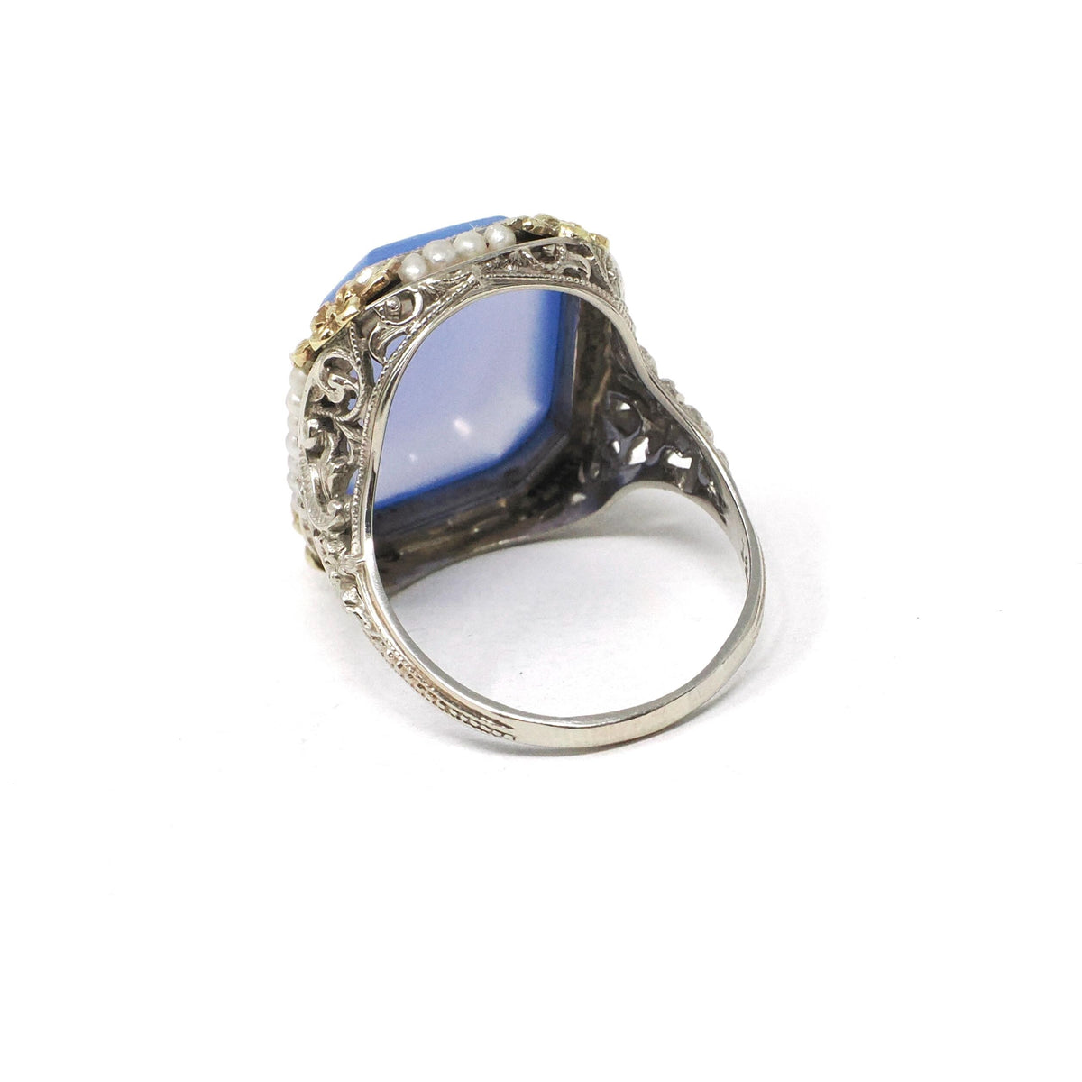 Art Deco Ring - Vintage 14k Yellow & White Gold Lavender Dyed Chalcedony Gemstone - Circa 1930s Size 5 3/4 Filigree Seed Pearl Fine Jewelry