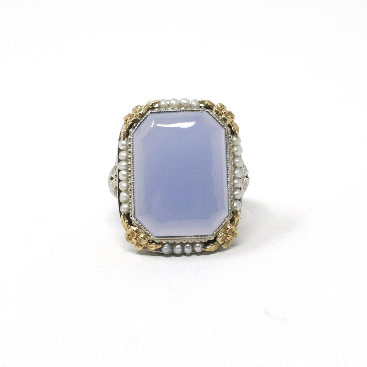 Art Deco Ring - Vintage 14k Yellow & White Gold Lavender Dyed Chalcedony Gemstone - Circa 1930s Size 5 3/4 Filigree Seed Pearl Fine Jewelry