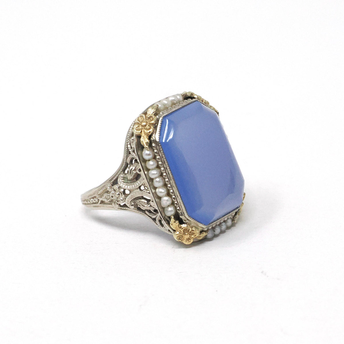 Art Deco Ring - Vintage 14k Yellow & White Gold Lavender Dyed Chalcedony Gemstone - Circa 1930s Size 5 3/4 Filigree Seed Pearl Fine Jewelry