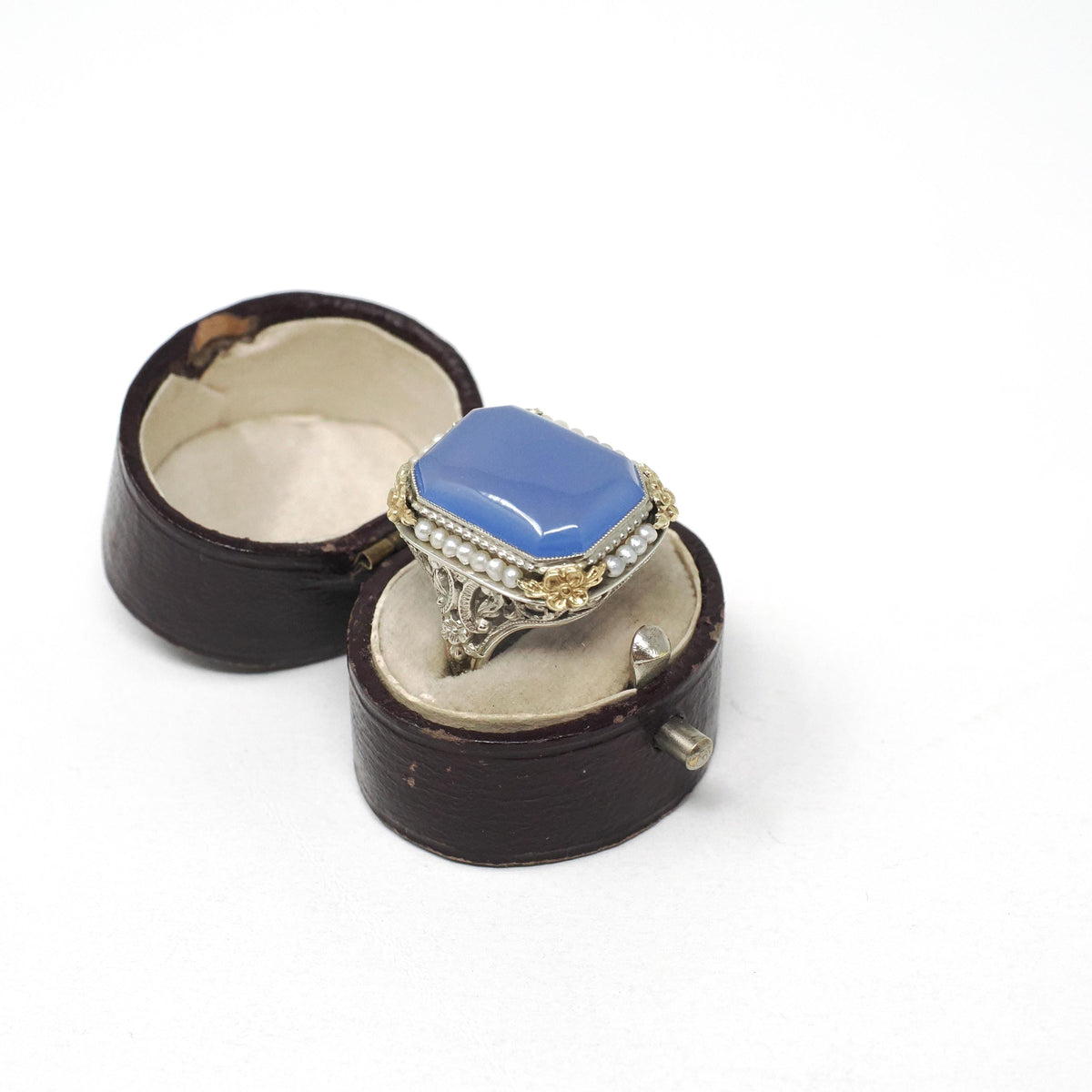 Art Deco Ring - Vintage 14k Yellow & White Gold Lavender Dyed Chalcedony Gemstone - Circa 1930s Size 5 3/4 Filigree Seed Pearl Fine Jewelry