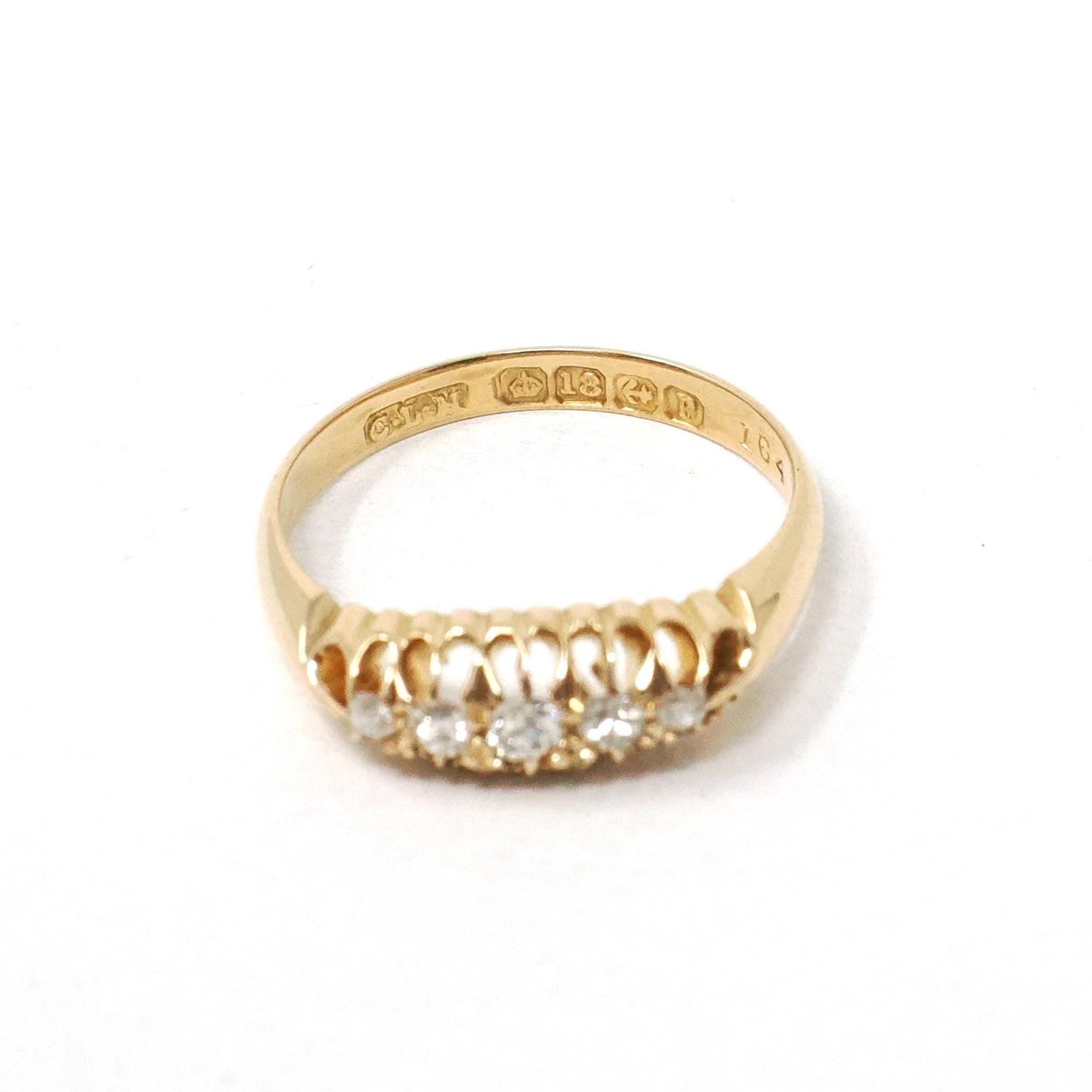 Antique Diamond Band - Edwardian 18k Yellow Gold Natural 5 Stone .13 CTW Ring - Circa 1910s Birmingham England Size 6 Fine Bridal Jewelry