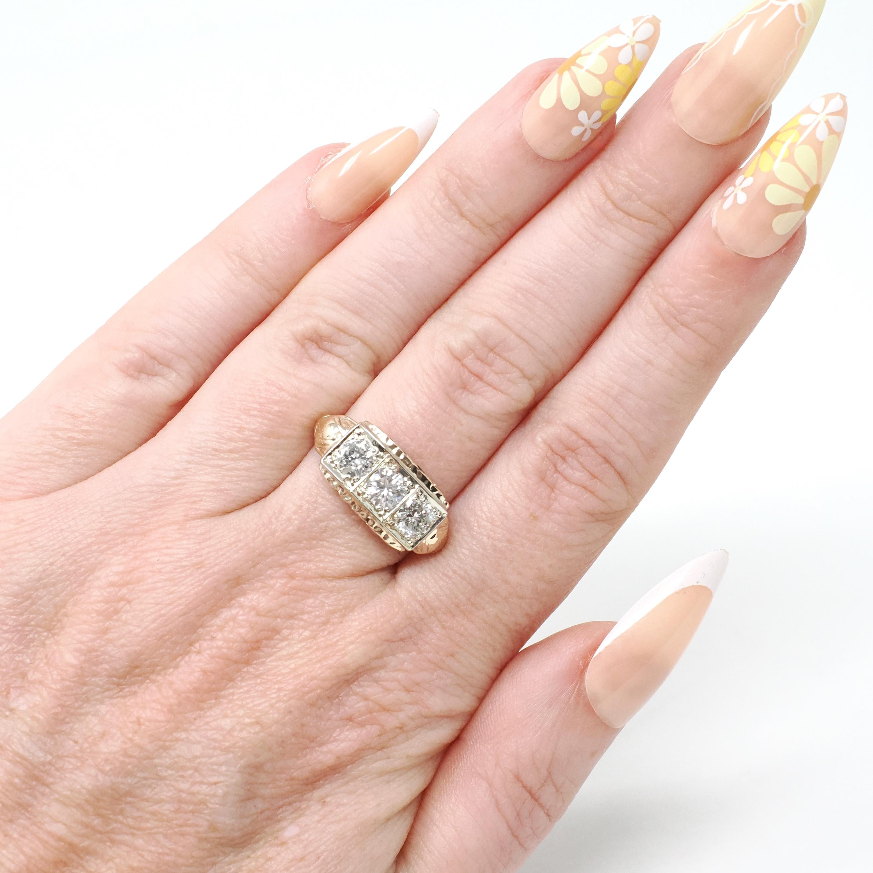 Vintage Diamond Ring - 14k Yellow Gold Three Stone Anniversary Band - Mid Century Circa 1940s Size 4 3/4 Cocktail 1.05 CTW Fine Jewelry