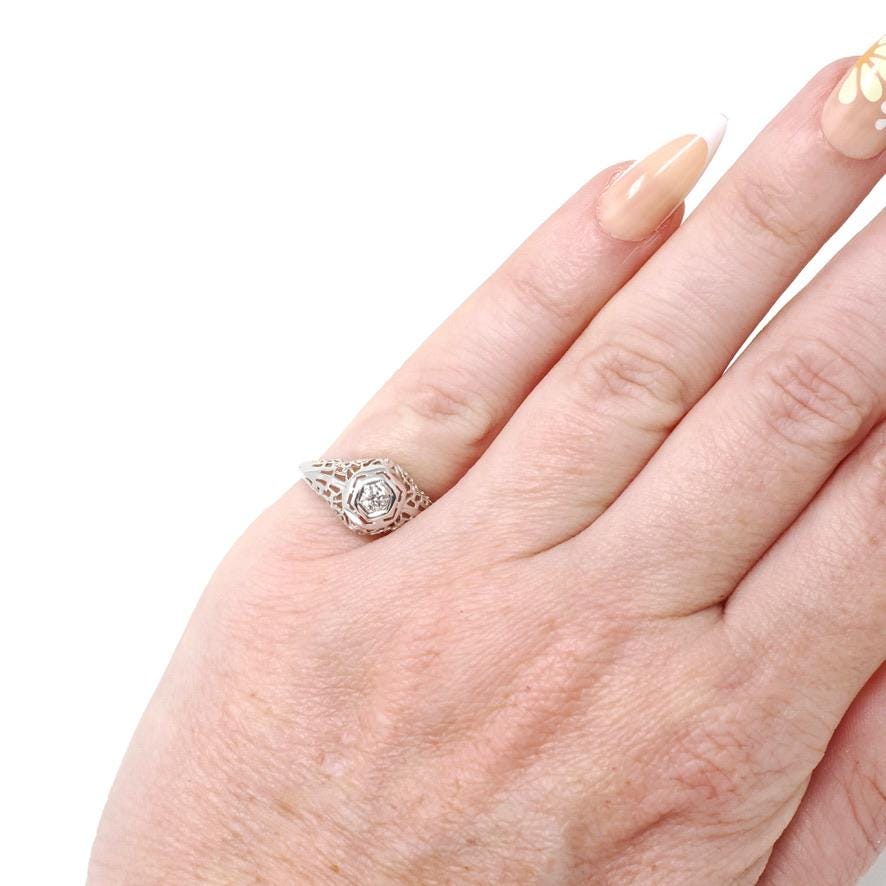 Vintage Diamond Ring - Art Deco 18k White Gold Natural .10 CT Solitaire Engagement - Circa 1930s Size 3 3/4 Hexagonal Filigree Fine Jewelry