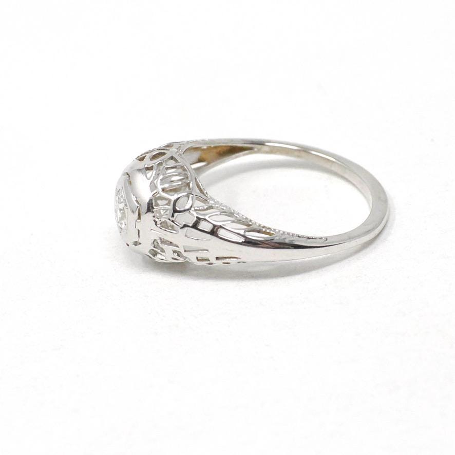 Vintage Diamond Ring - Art Deco 18k White Gold Natural .10 CT Solitaire Engagement - Circa 1930s Size 3 3/4 Hexagonal Filigree Fine Jewelry